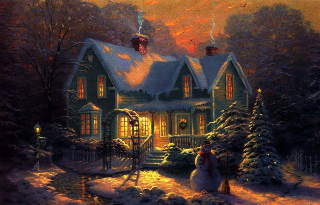 cozy winter cabin, snow-covered cottage, dusk, SD Desktop Wallpaper