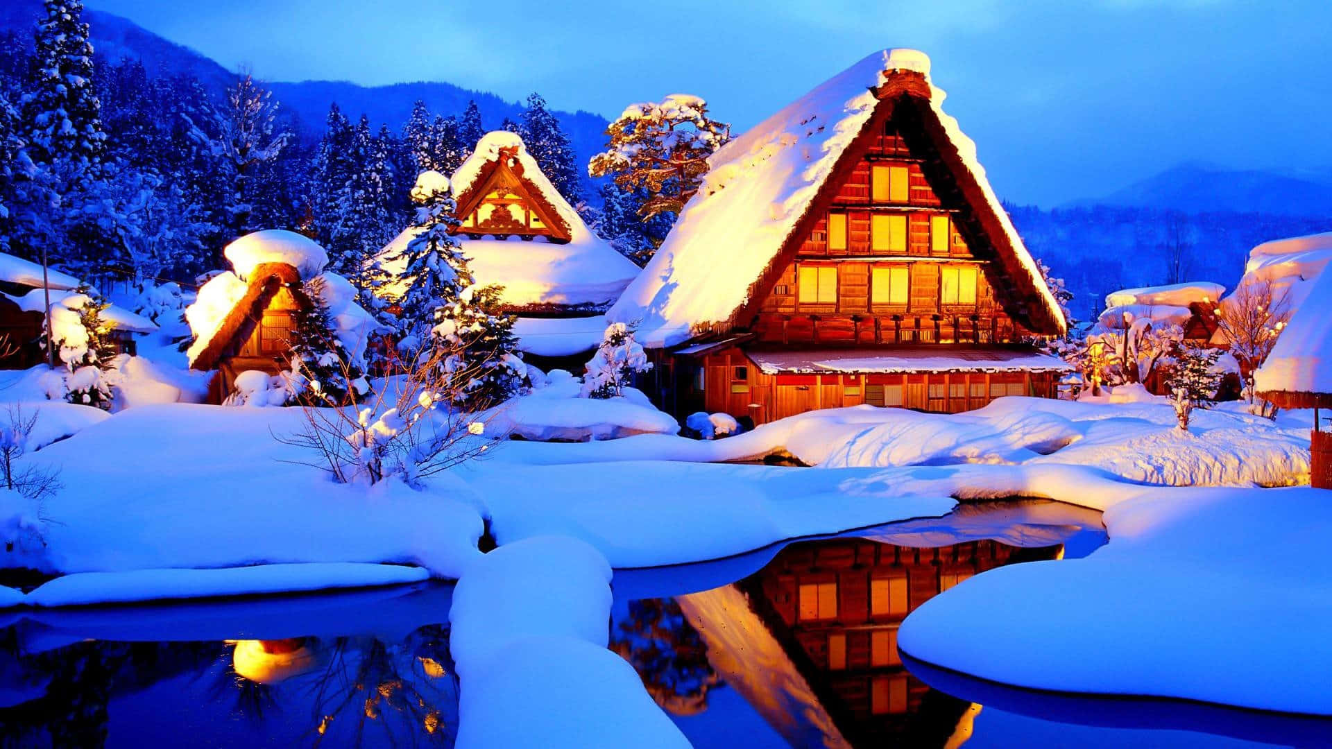 Cozy Winter Cabin, traditional Japanese houses, twilight sky, Full HD Desktop Wallpaper