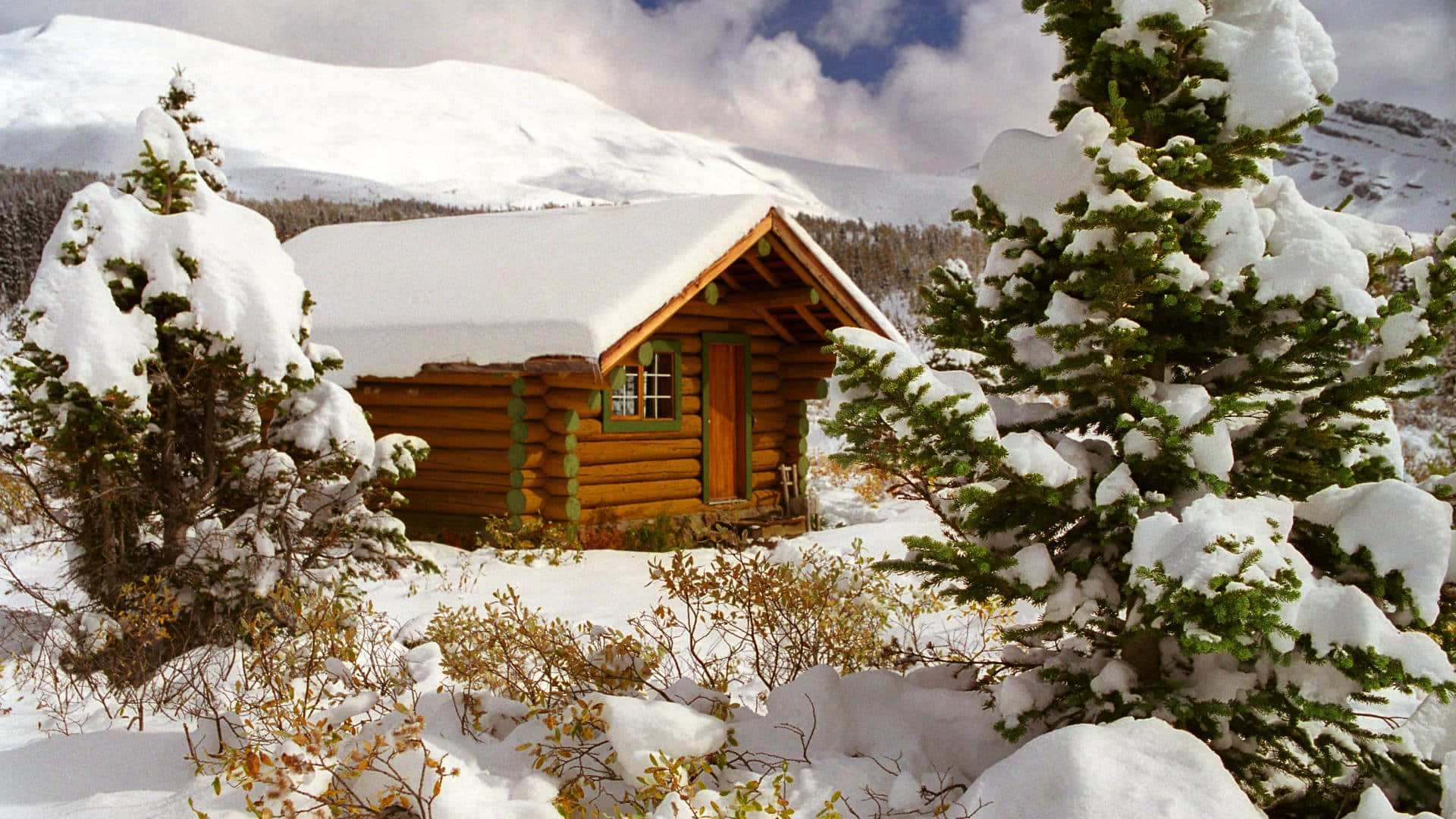 cozy winter cabin, wooden cabin, snowy mountain landscape, Full HD Desktop Wallpaper
