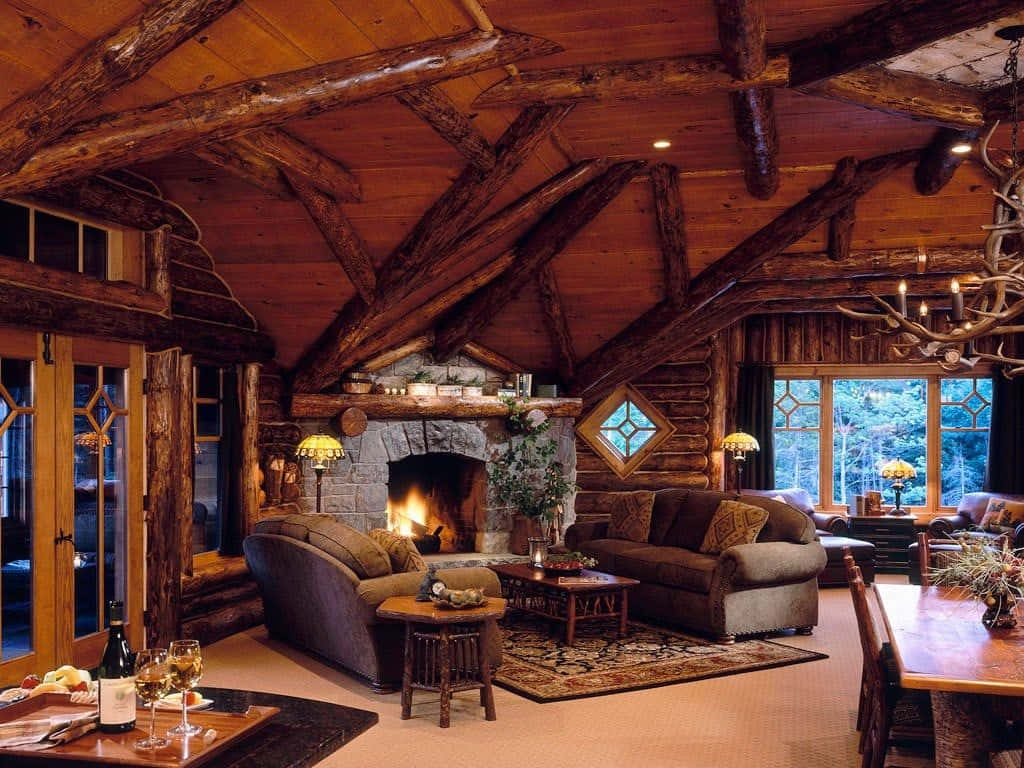 Cozy Winter Cabin, rustic log cabin, stone fireplace, SD Desktop Wallpaper