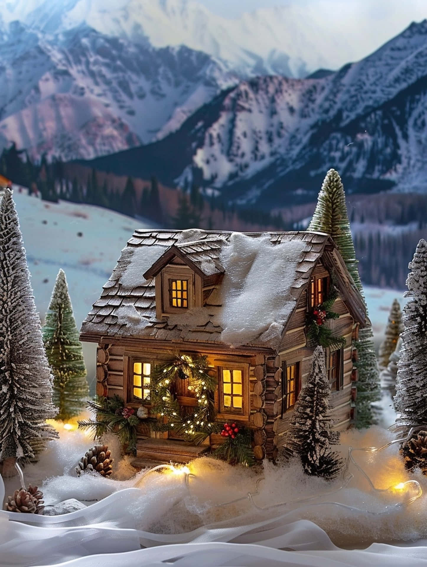 Winter Holiday Cabin, snow-covered log cabin, glowing windows, Full HD Phone Wallpaper