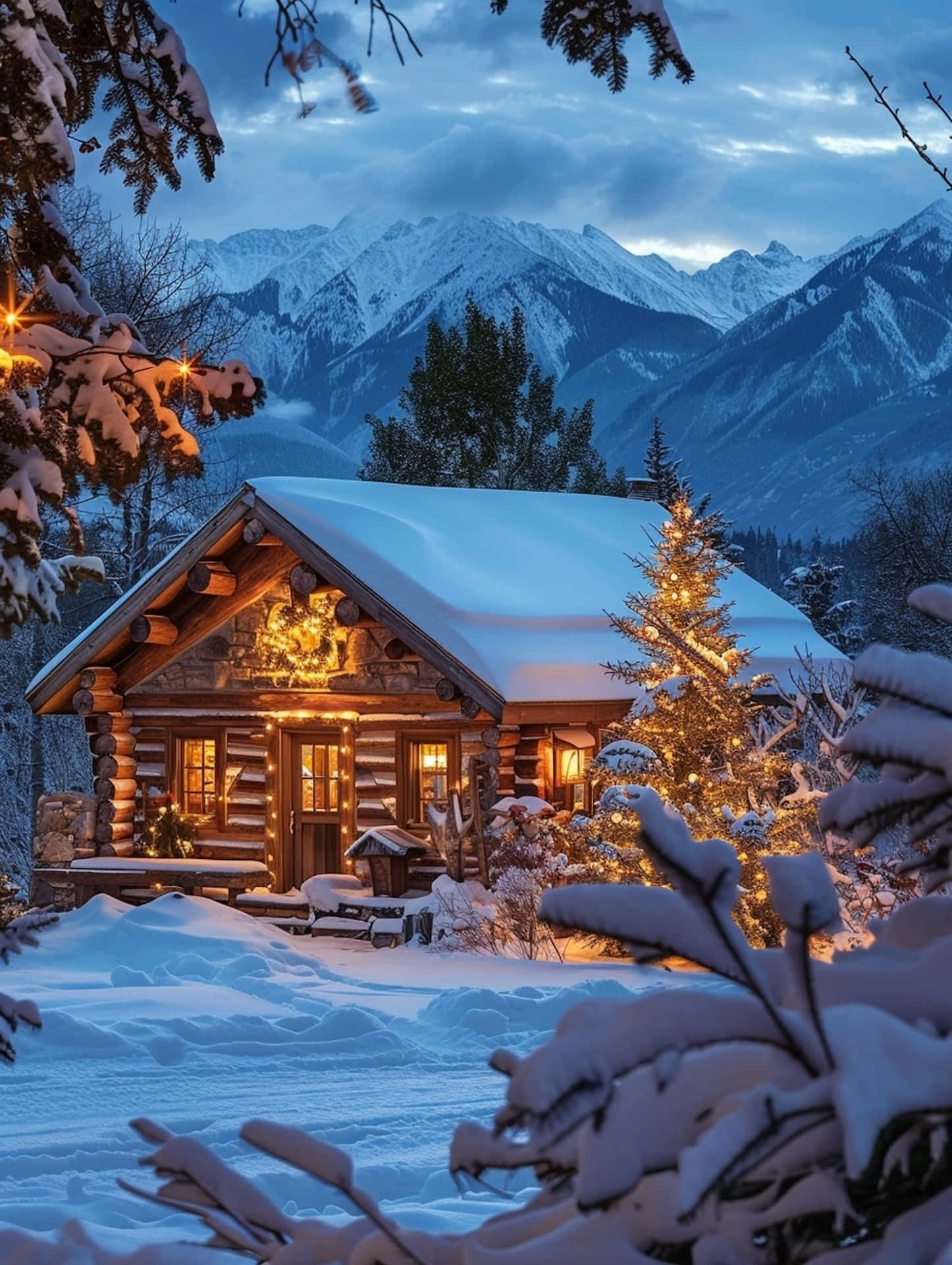 winter cabin, mountain view, snow-covered log cabin, Full HD Phone Wallpaper