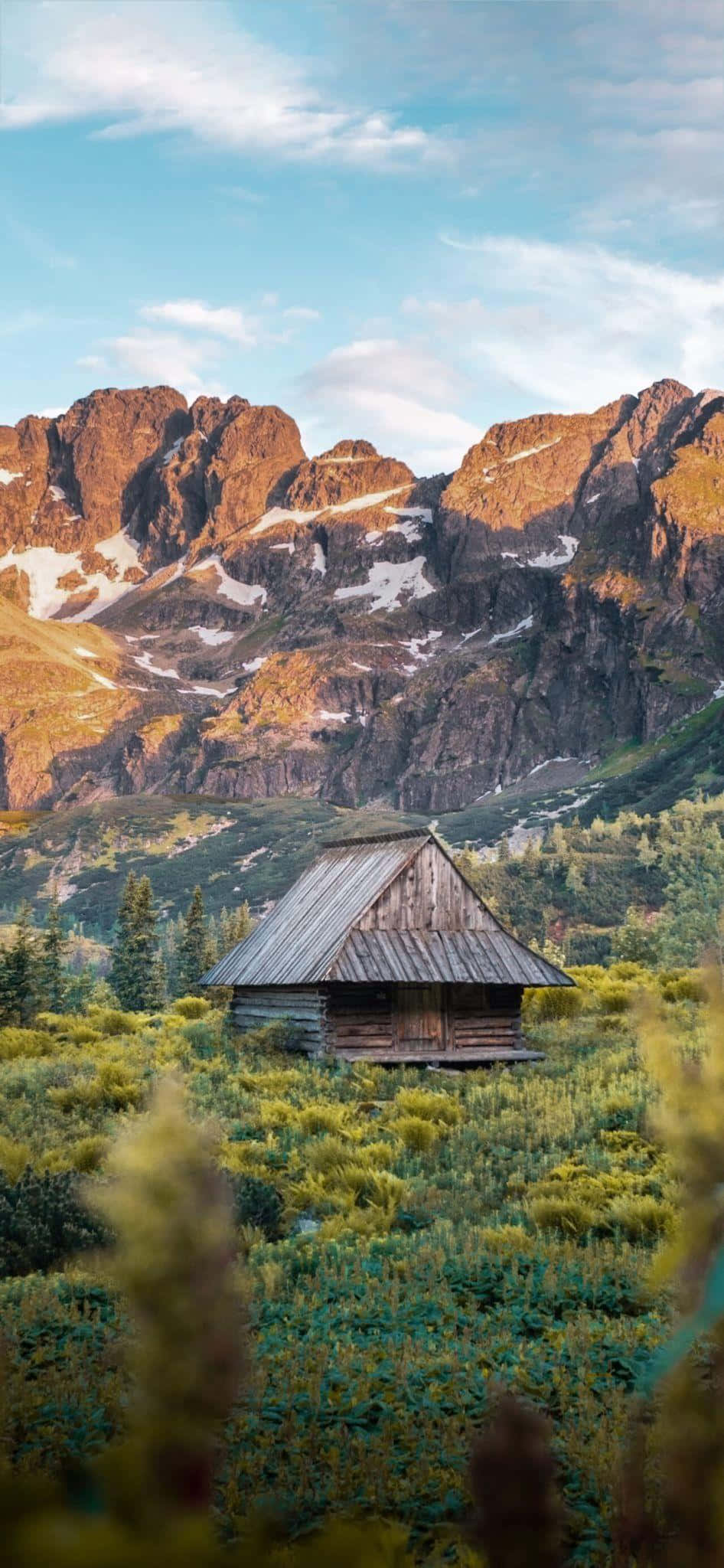 mountain cabin, sunset, sunlit meadow, Full HD Phone Wallpaper