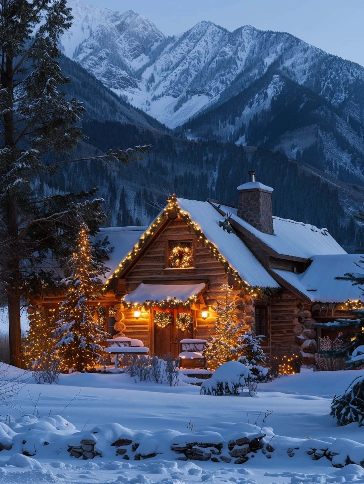 Winter Cabin, Christmas lights, snow-covered log cabin, Full HD Phone Wallpaper