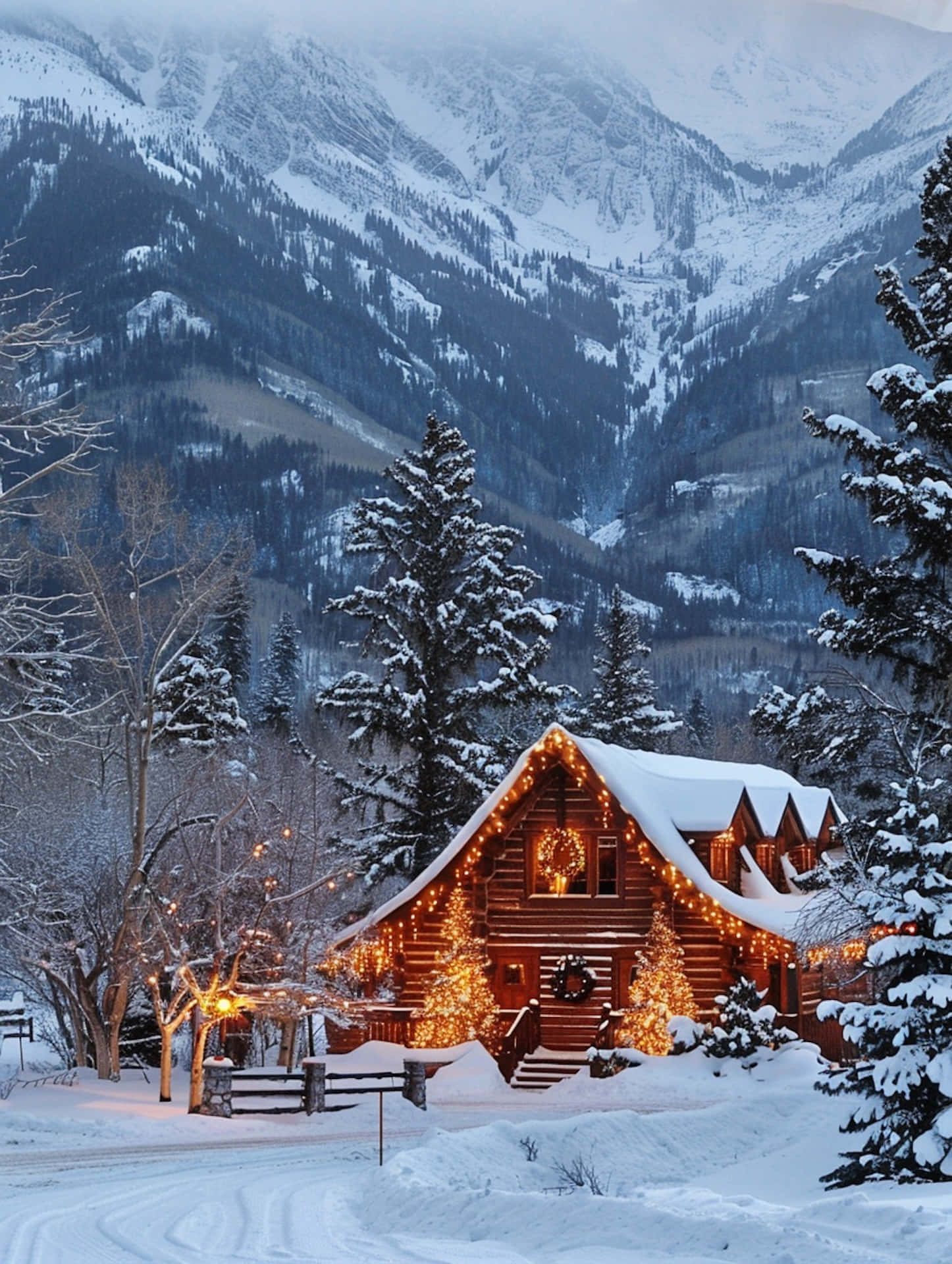 Winter Cabin, Christmas Lights, snow-covered log cabin, Full HD Phone Wallpaper