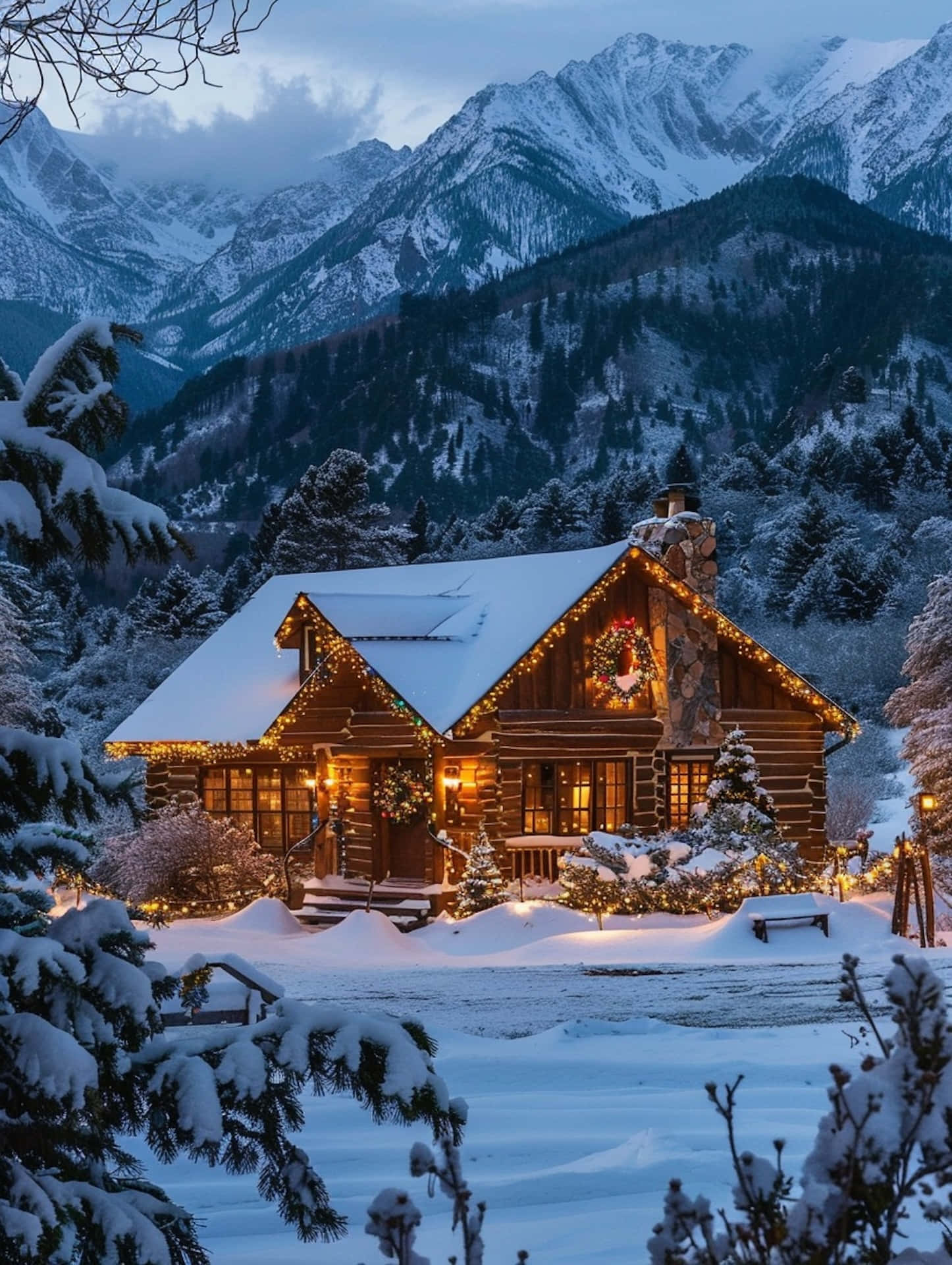Winter Cabin, Christmas Lights, snowy mountains, Full HD Phone Wallpaper