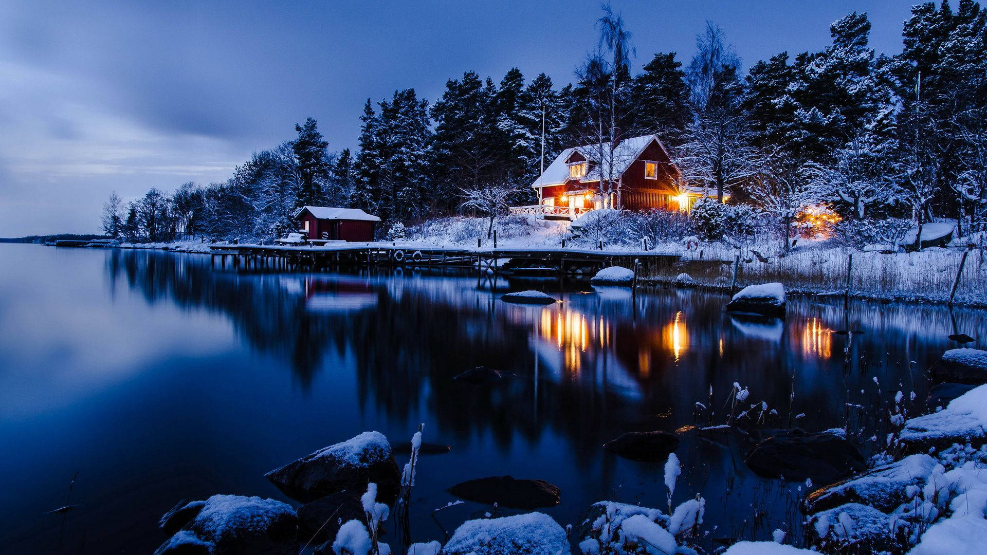 red cabin, warm lights, snowy lakeshore, Full HD Desktop Wallpaper