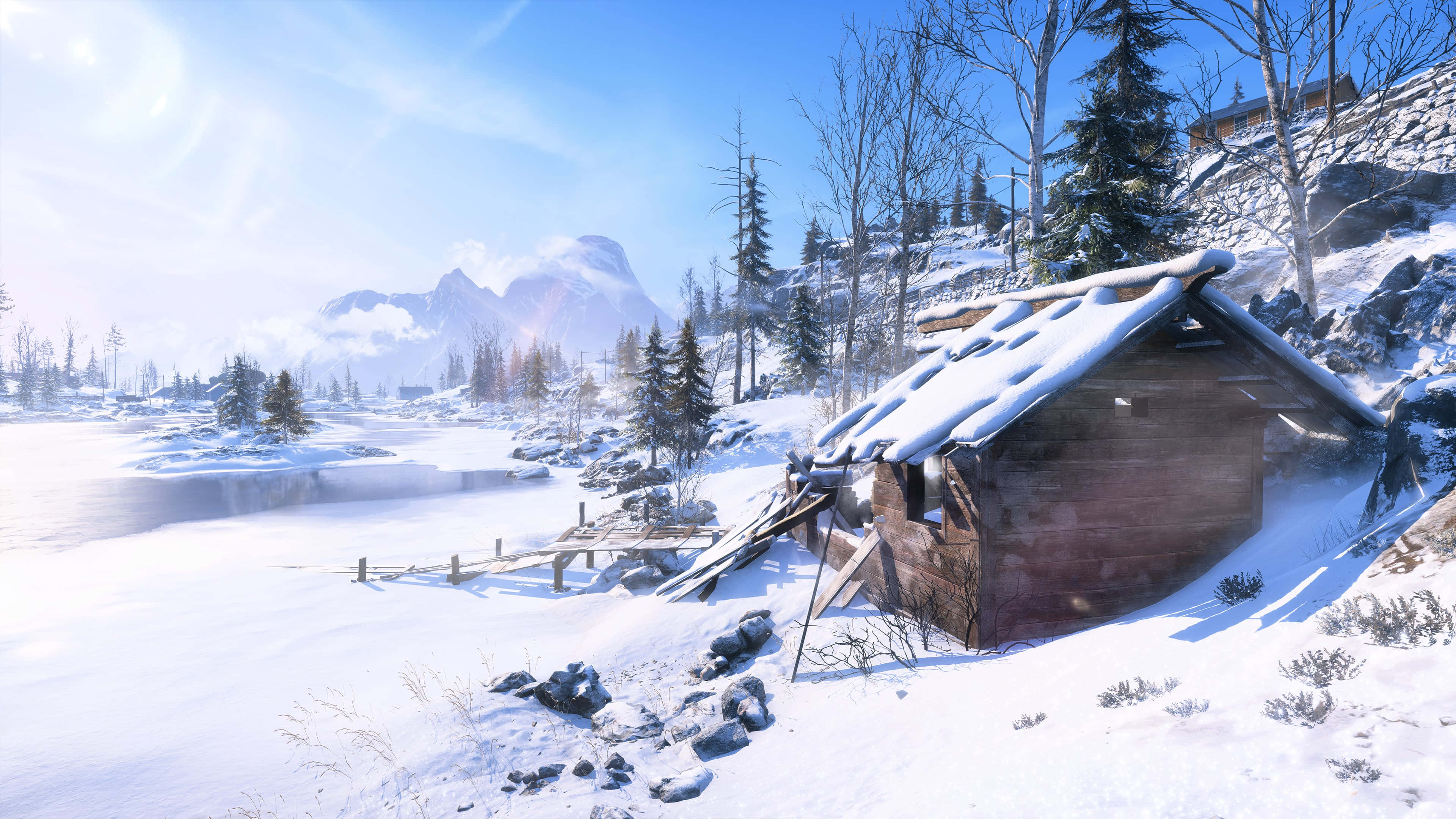winter cabin, snow-covered roof, frozen lake, 4K Desktop Wallpaper