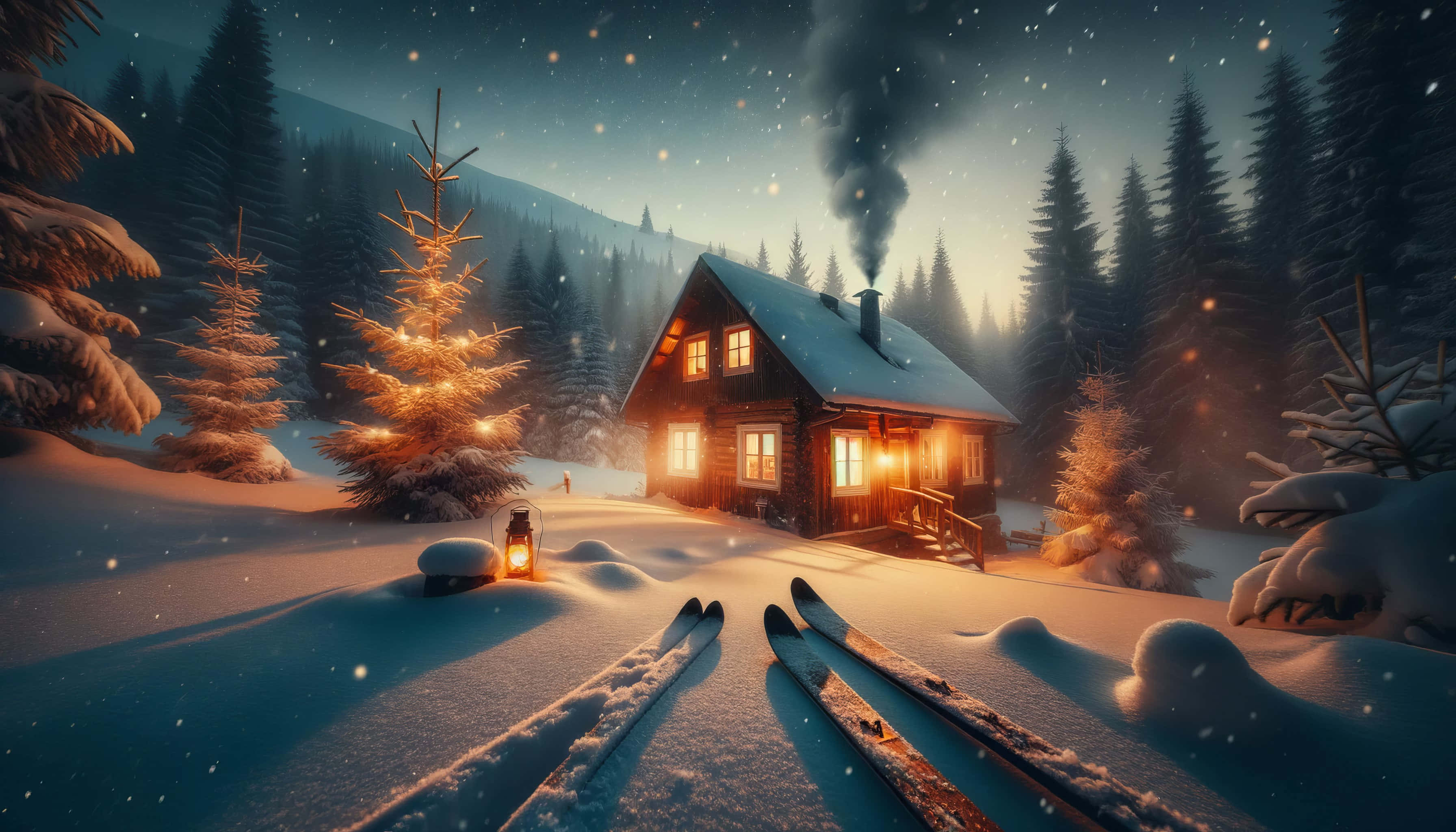 cozy winter cabin, snow-covered cabin, snowy forest, 2K Desktop Wallpaper