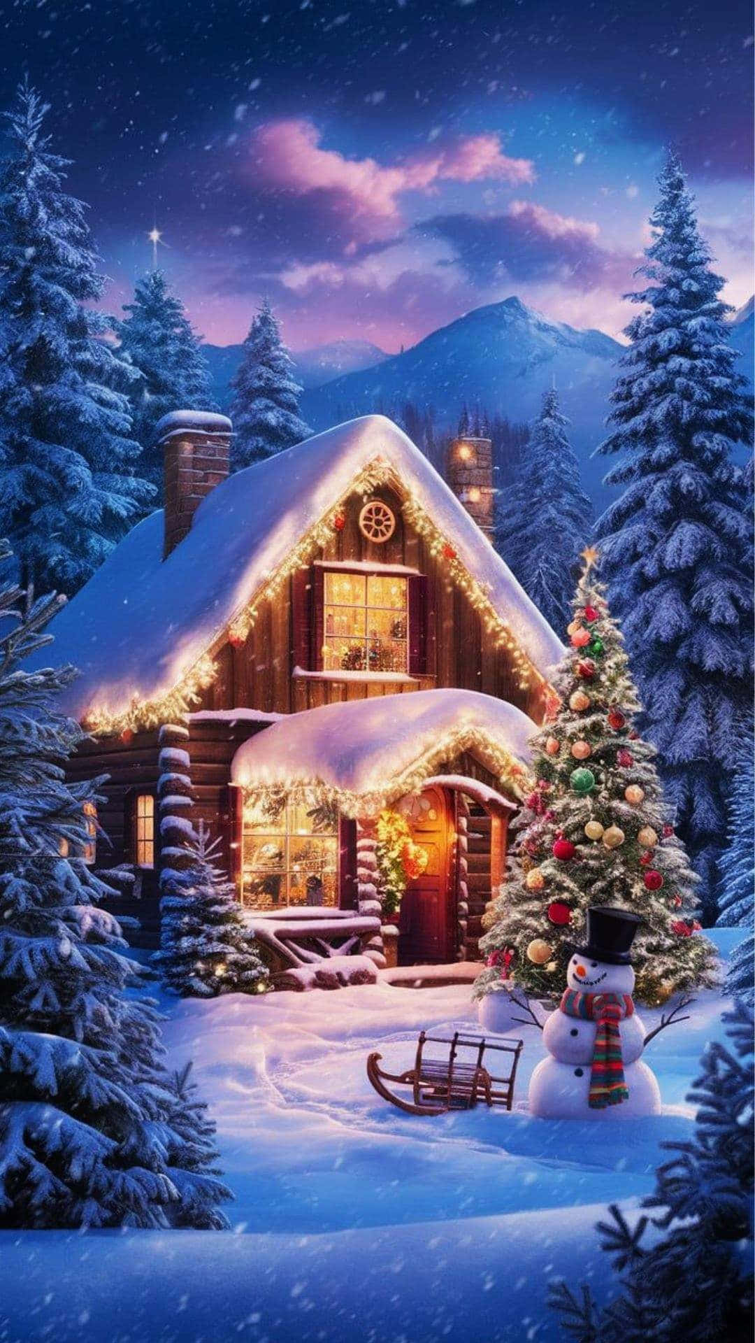 Cozy Christmas Snow Cabin, starly twilight sky, mountains, Full HD Phone Wallpaper