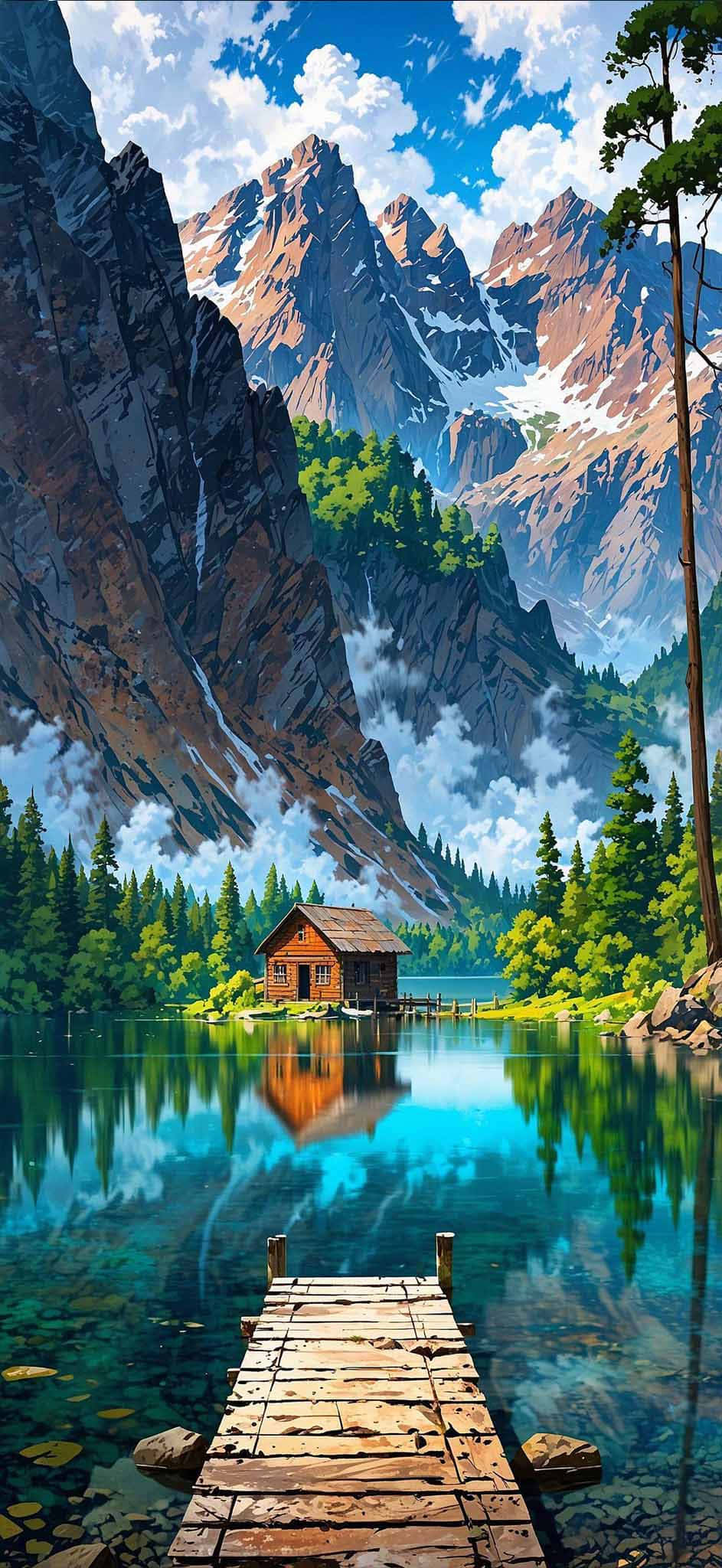 Mountain Lake Cabin, turquoise lake, snow-capped mountains, Full HD Phone Wallpaper