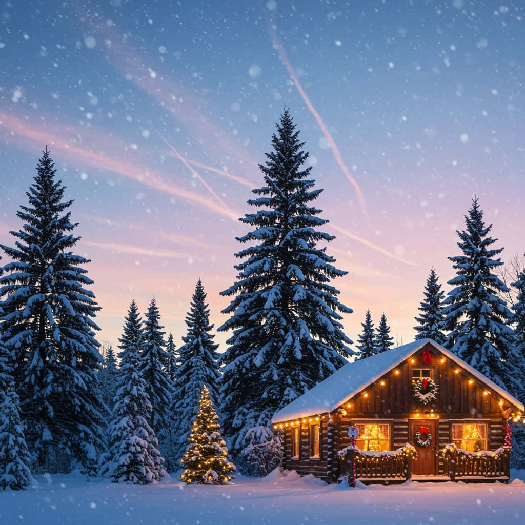 cozy winter christmas cabin, snow-covered log cabin, warm lights, SD Desktop Wallpaper