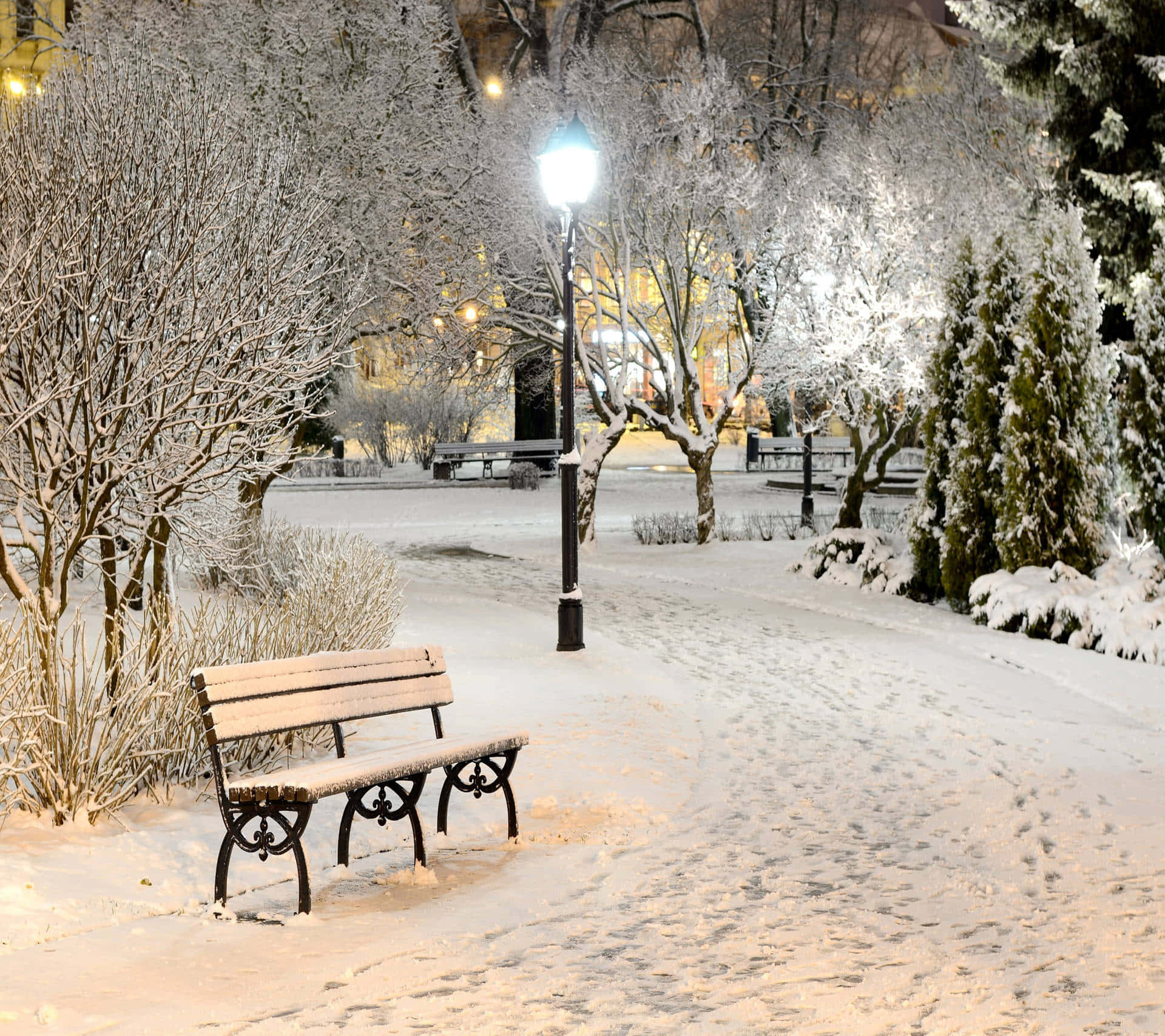 Cozy Winter Desktop, snow-covered park bench, streetlamp, Full HD Desktop Wallpaper