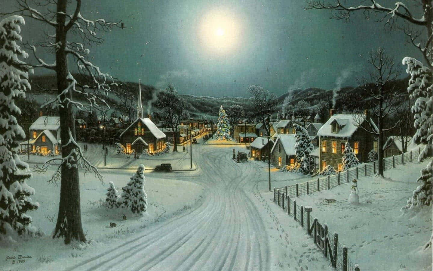 cozy winter desktop, snow-covered village, bright full moon, HD Desktop Wallpaper