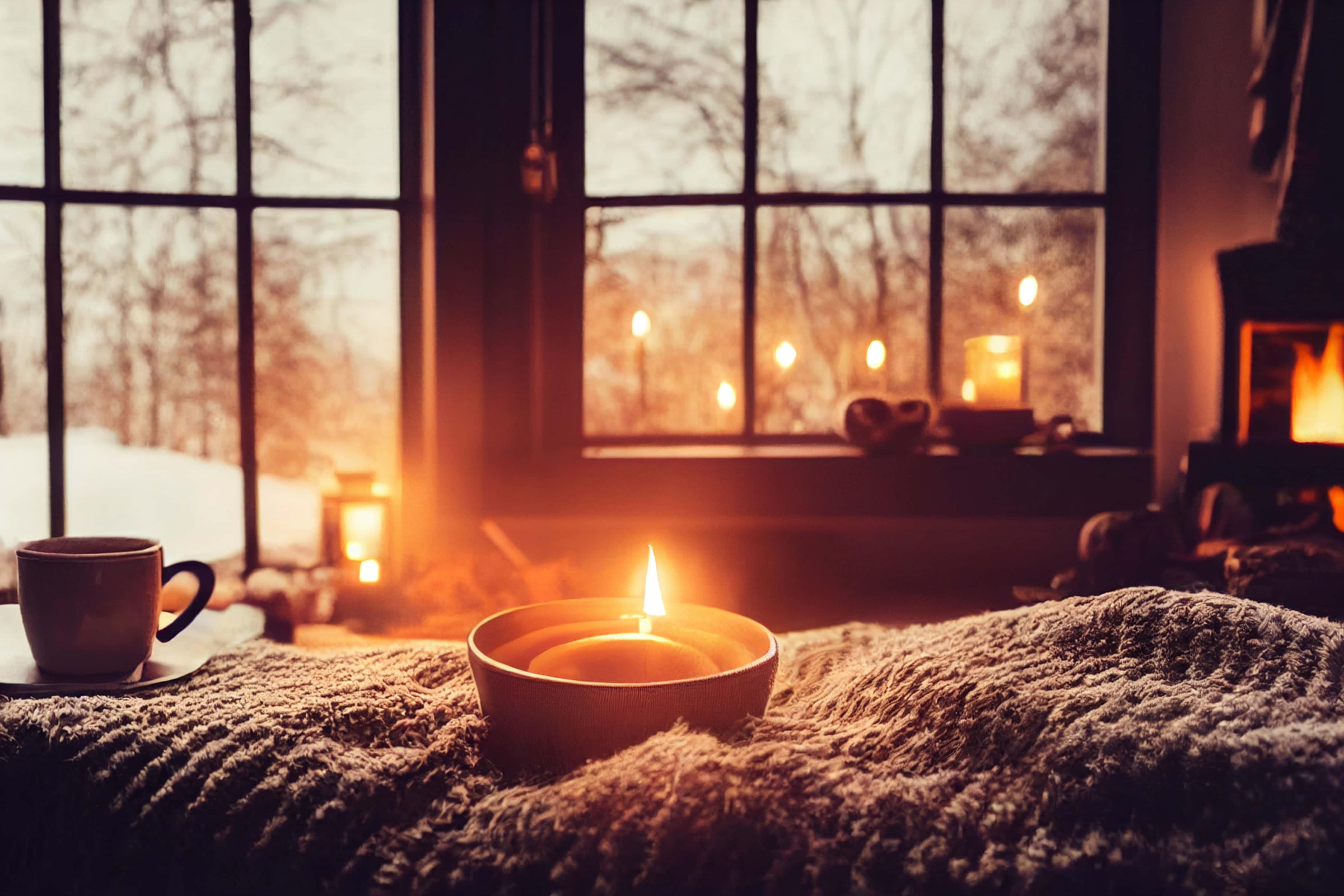 candle, blanket, window, 4K Desktop Wallpaper