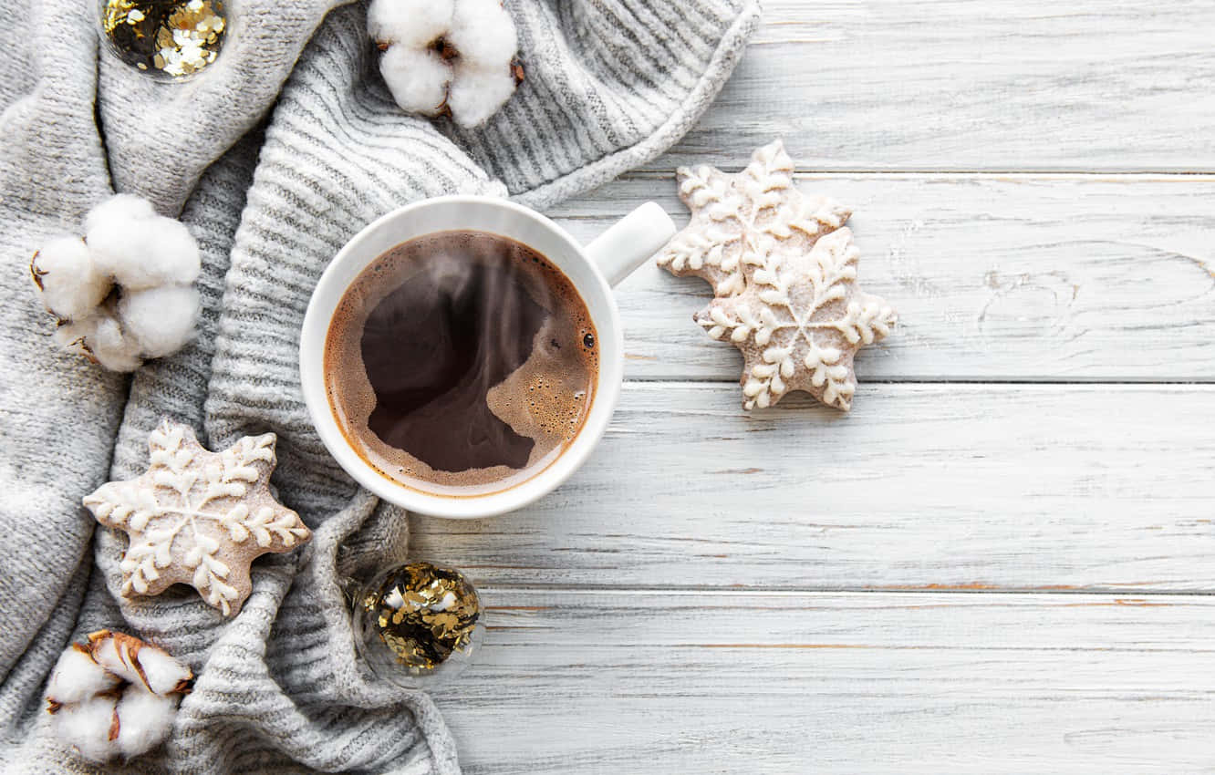 cozy winter desktop, steaming cup of coffee, snowflake cookies, HD Desktop Wallpaper