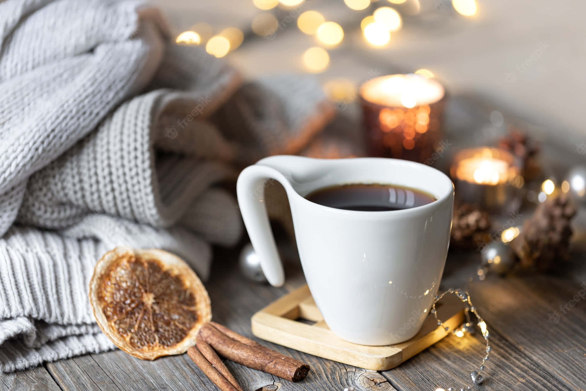 cozy winter desktop, white mug of coffee, wooden coaster, Full HD Desktop Wallpaper