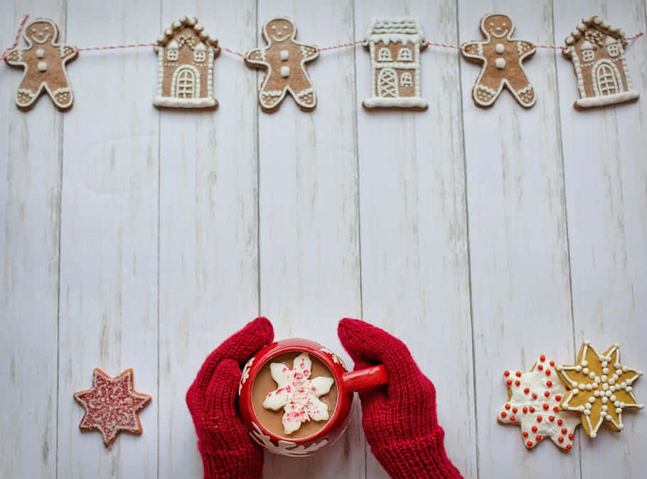 red-gloved hands, mug of hot cocoa, snowflake cookie, SD Desktop Wallpaper