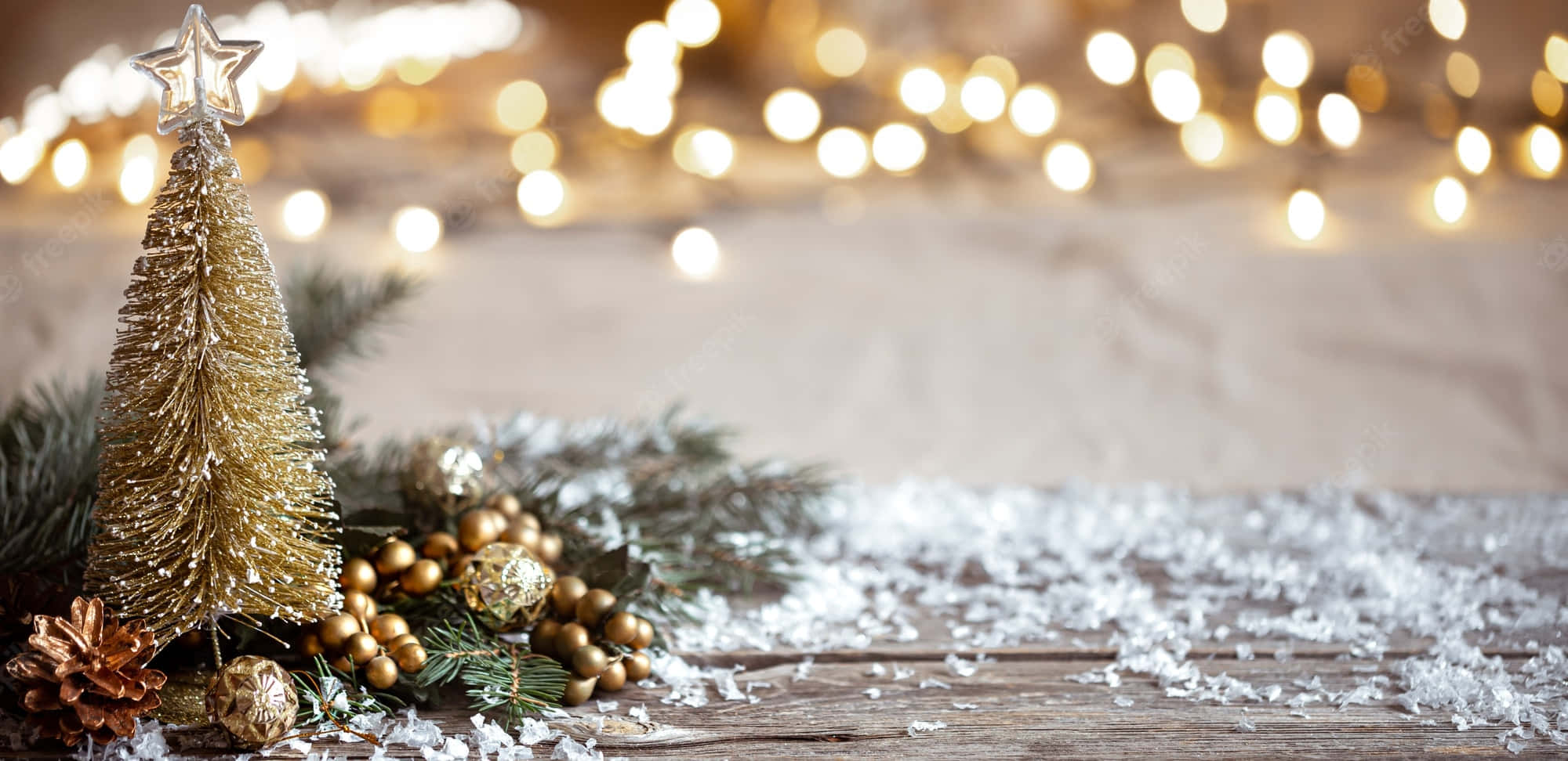 golden tinsel Christmas tree, ornaments pinecones, faux snow, Full HD Desktop Wallpaper