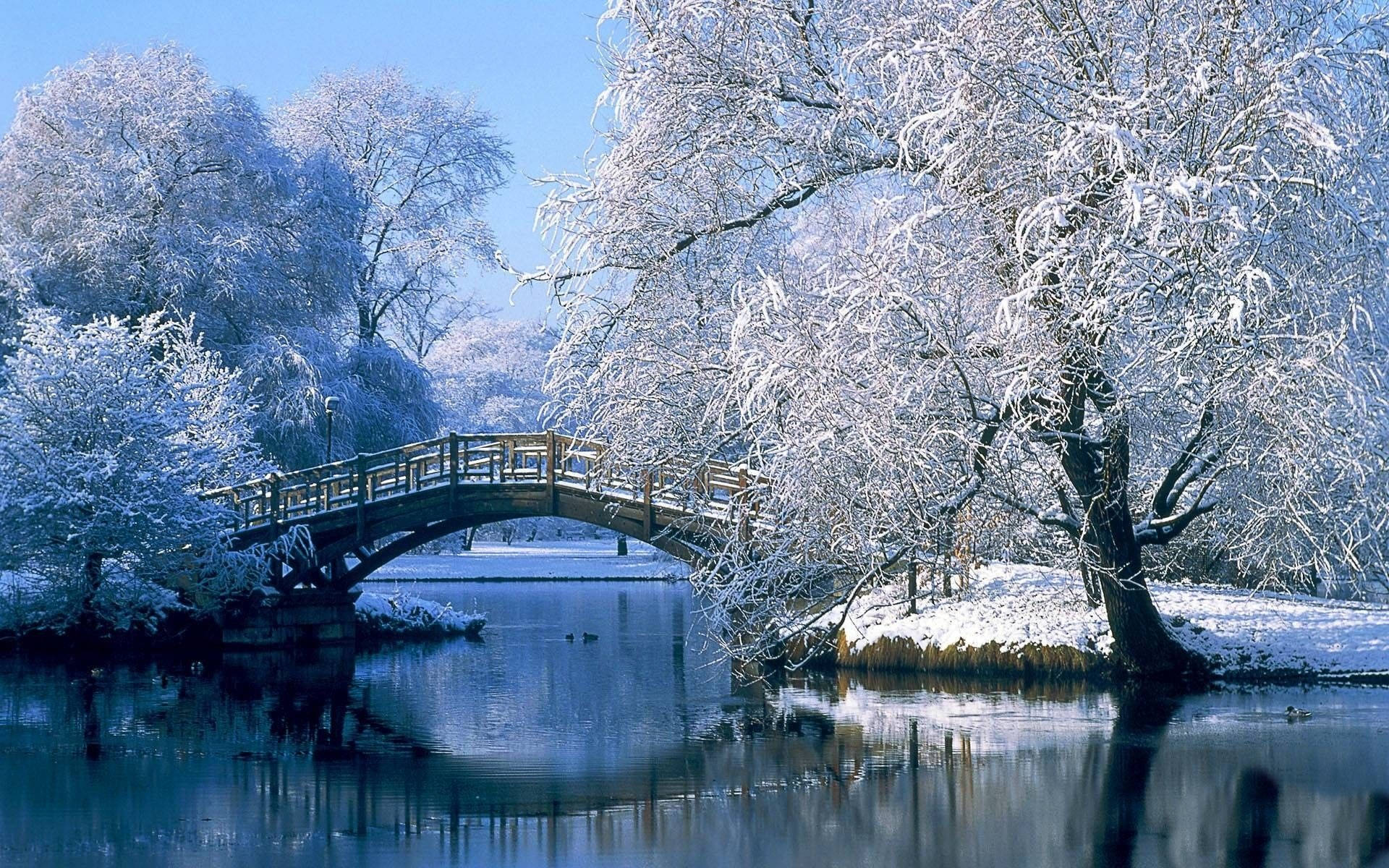 wooden arched bridge, calm river, snow-covered trees, Full HD Desktop Wallpaper