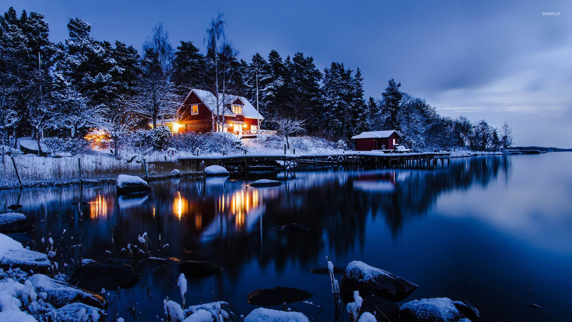1920x1080, winter desktop, red cabin, Full HD Desktop Wallpaper