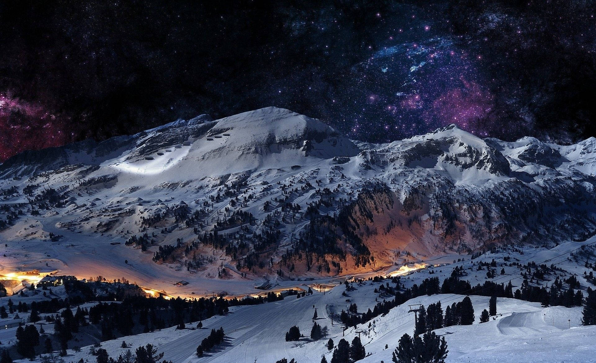 Snow Desktop Starry Night, starry night sky, purple nebulae, Full HD Desktop Wallpaper
