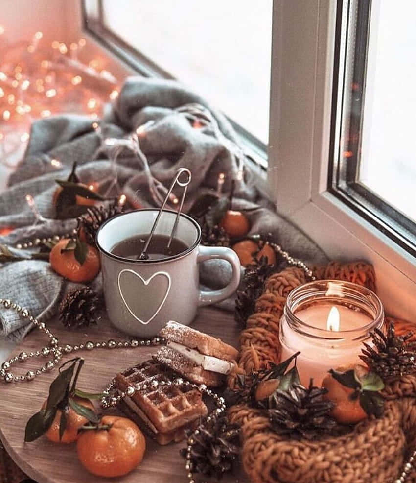 Cozy Winter Desktop, warm drink, candle, SD Phone Wallpaper