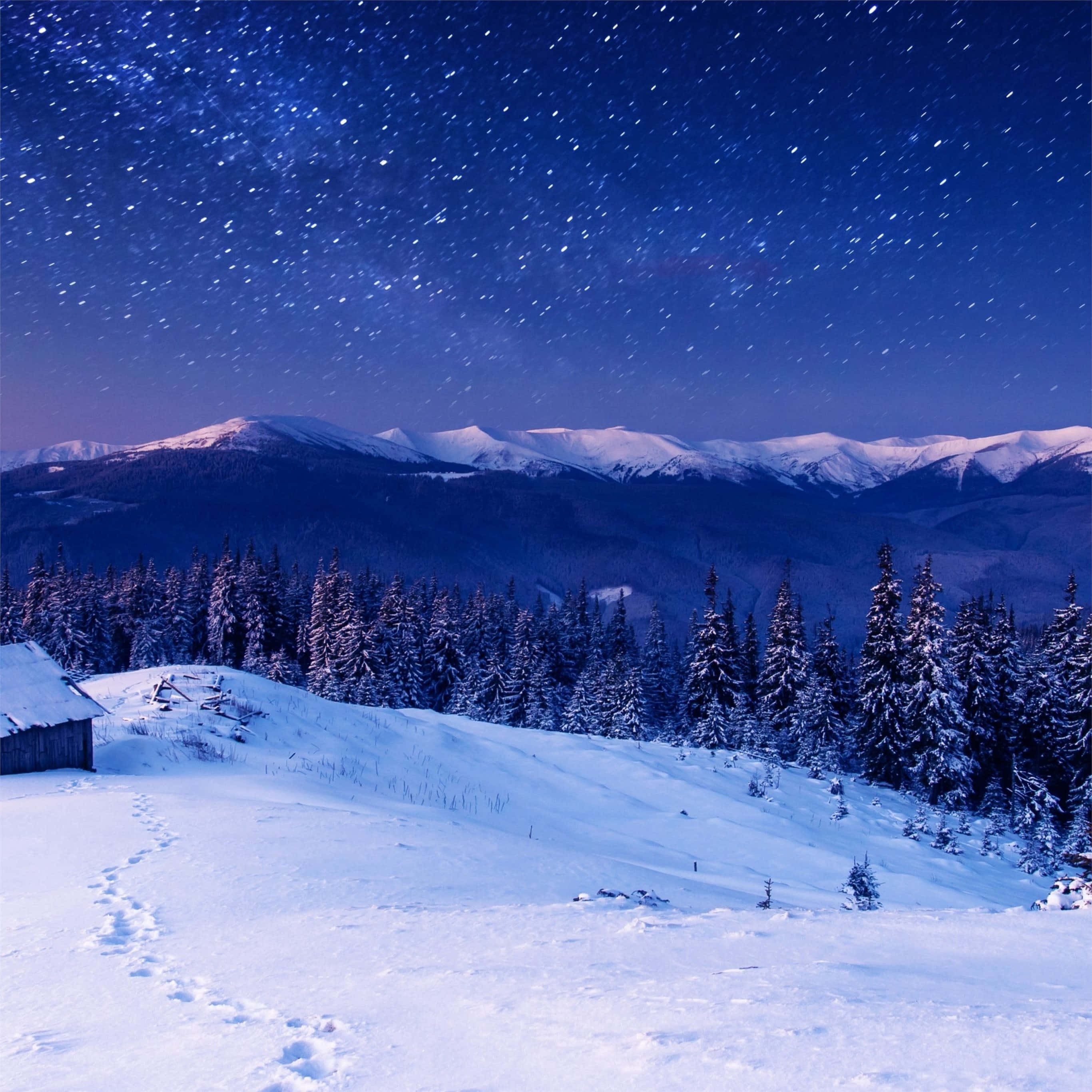 snowy mountain landscape, starry night sky, wooden cabin, 2K Desktop Wallpaper