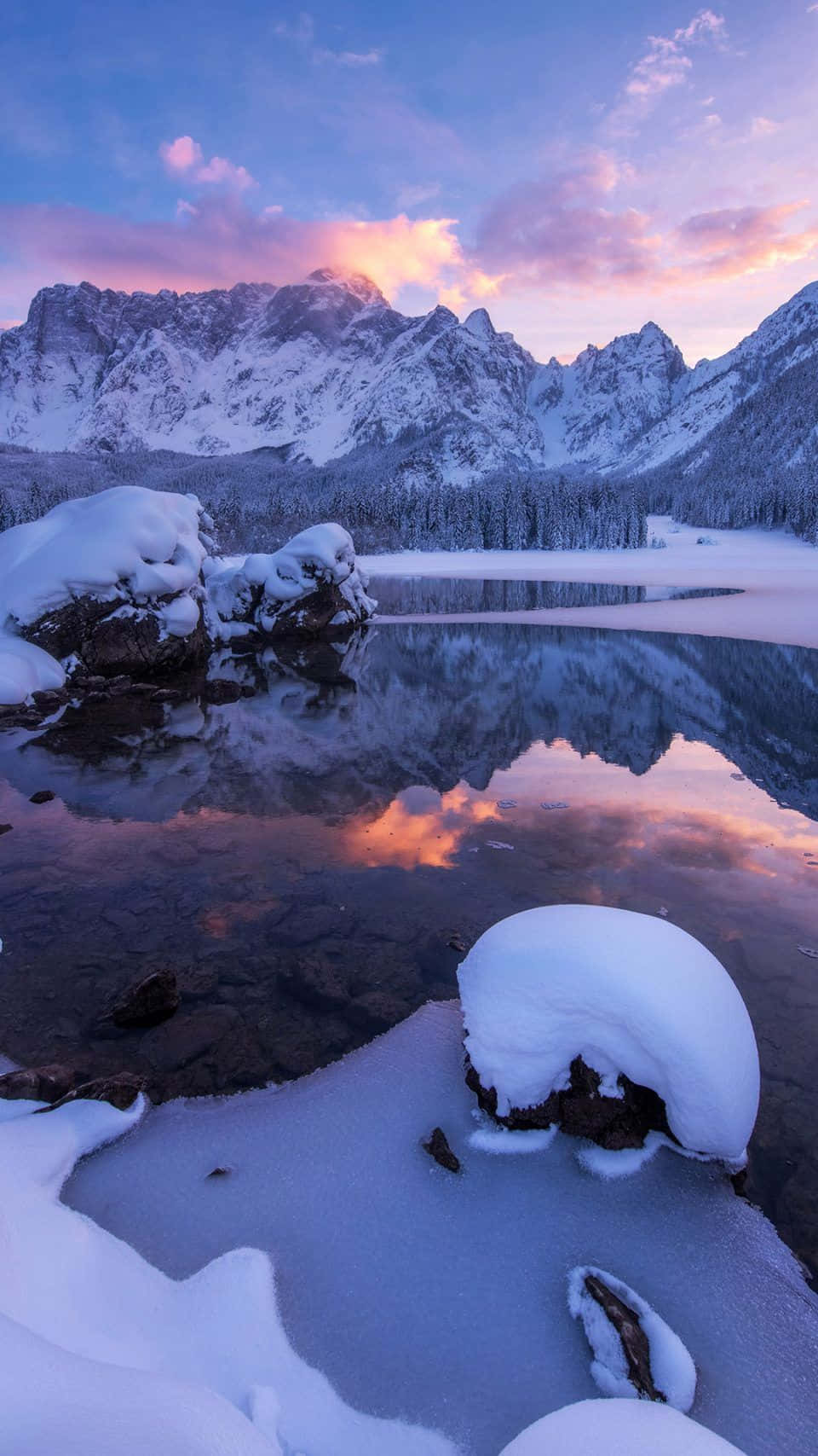 Snow iPhone, snowy mountains, calm lake, HD Phone Wallpaper