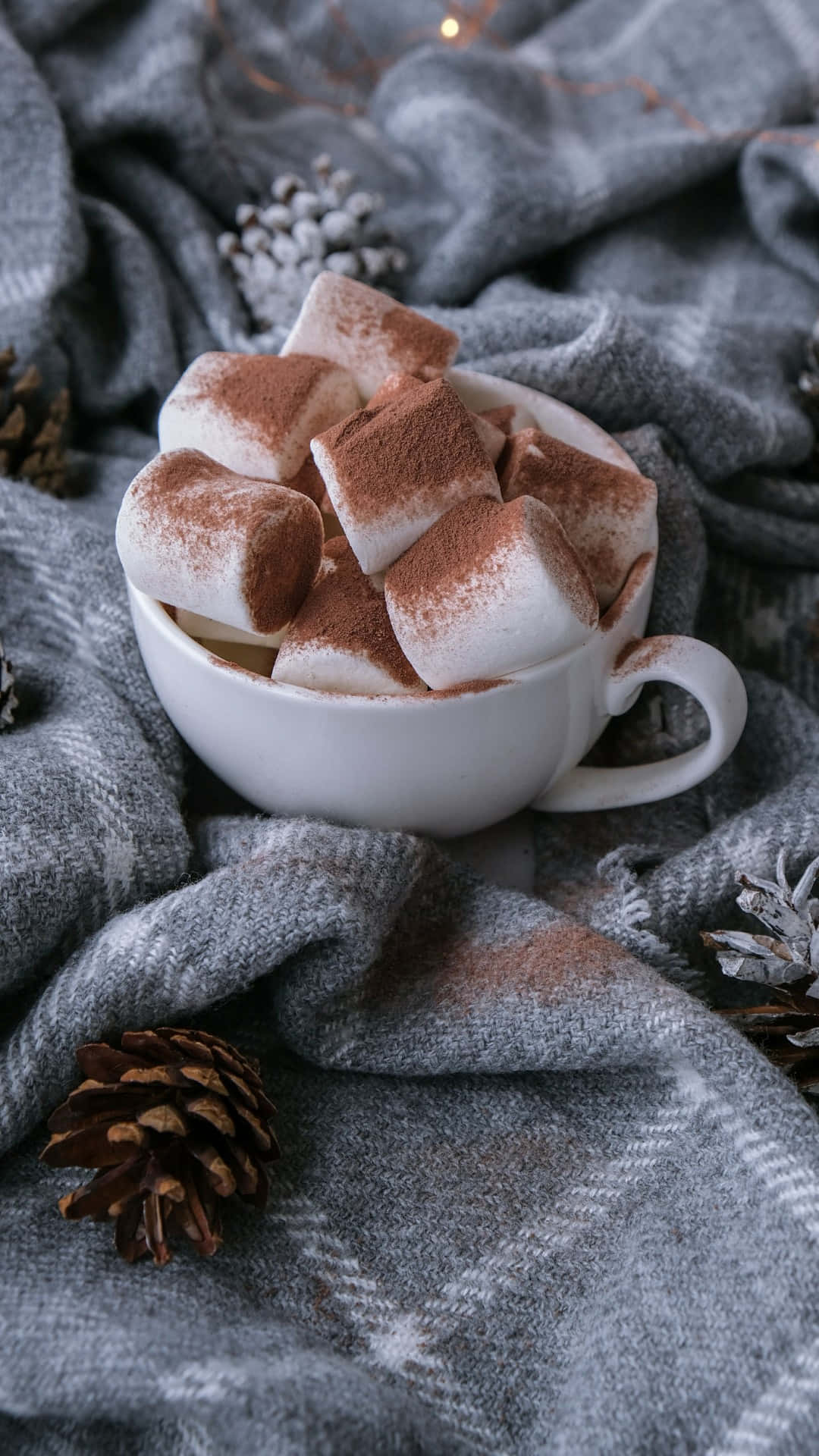 cozy winter hot chocolate with marshmallows, white mug, cocoa, Full HD Phone Wallpaper