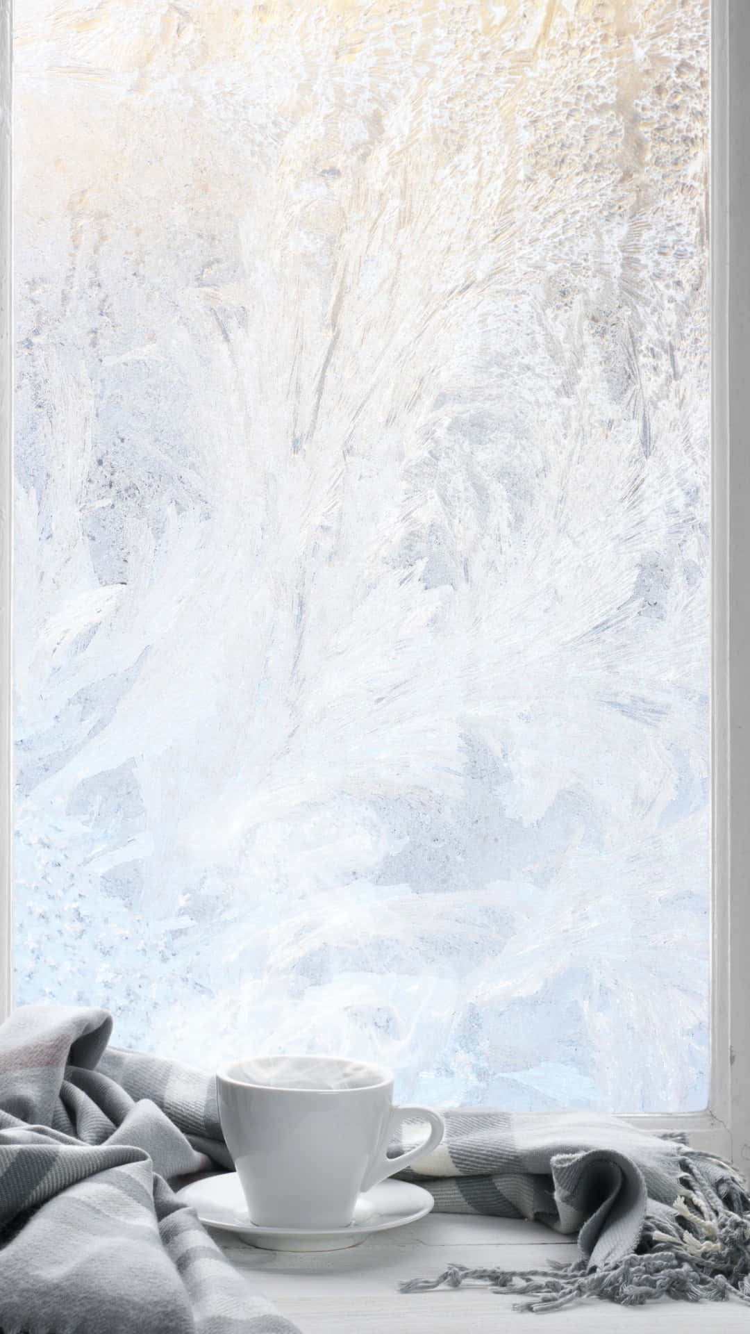 frosted window, steaming white coffee cup, gray scarf, Full HD Phone Wallpaper