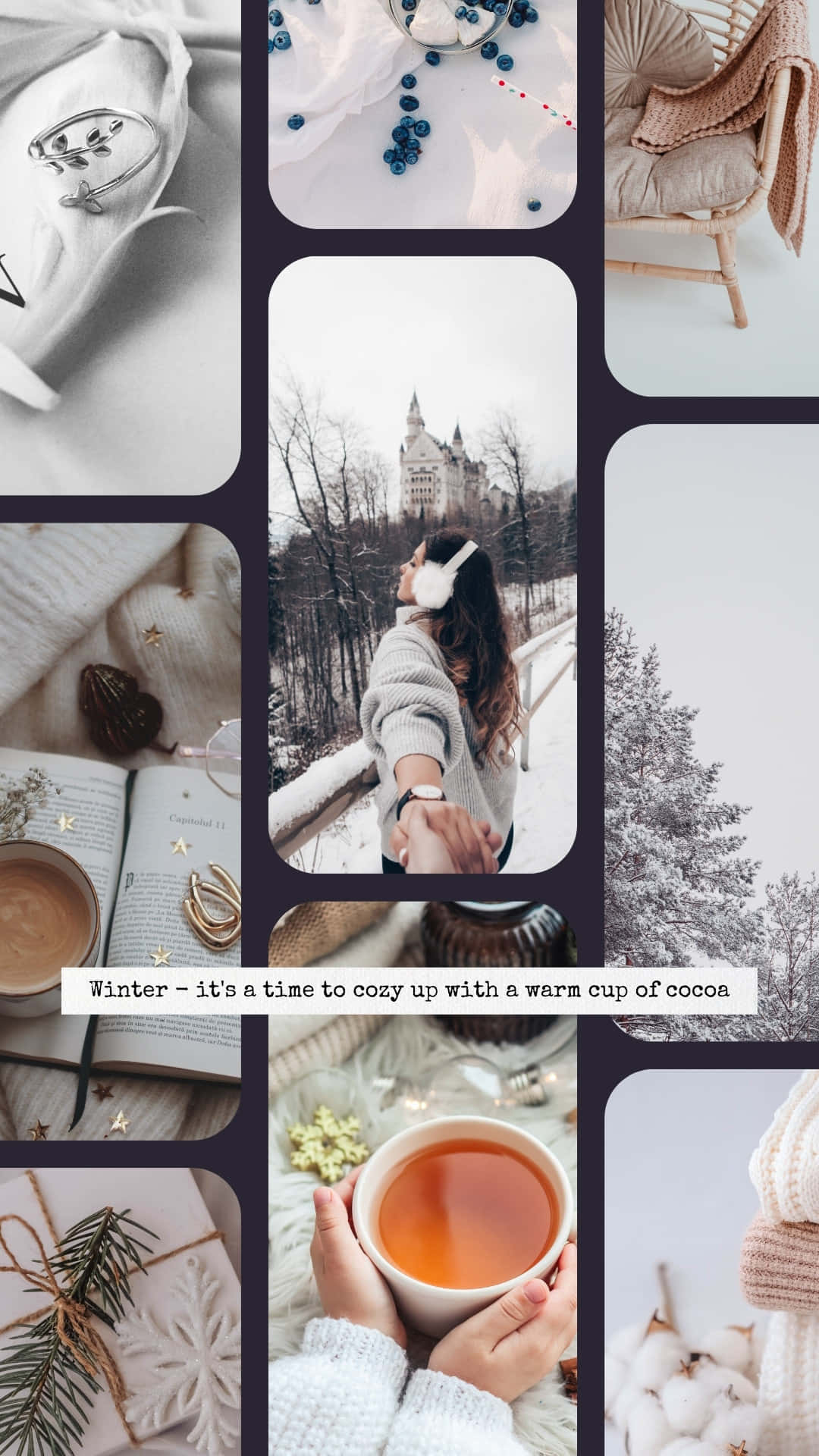 cozy winter moments collage, hot cocoa, snowy landscapes, Full HD Phone Wallpaper