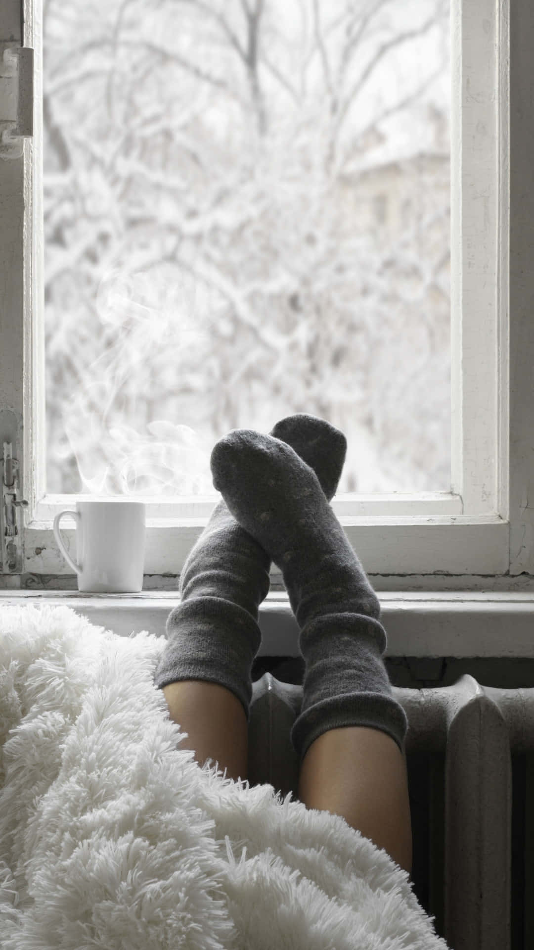 cozy winter window scene, gray socks, radiator, Full HD Phone Wallpaper