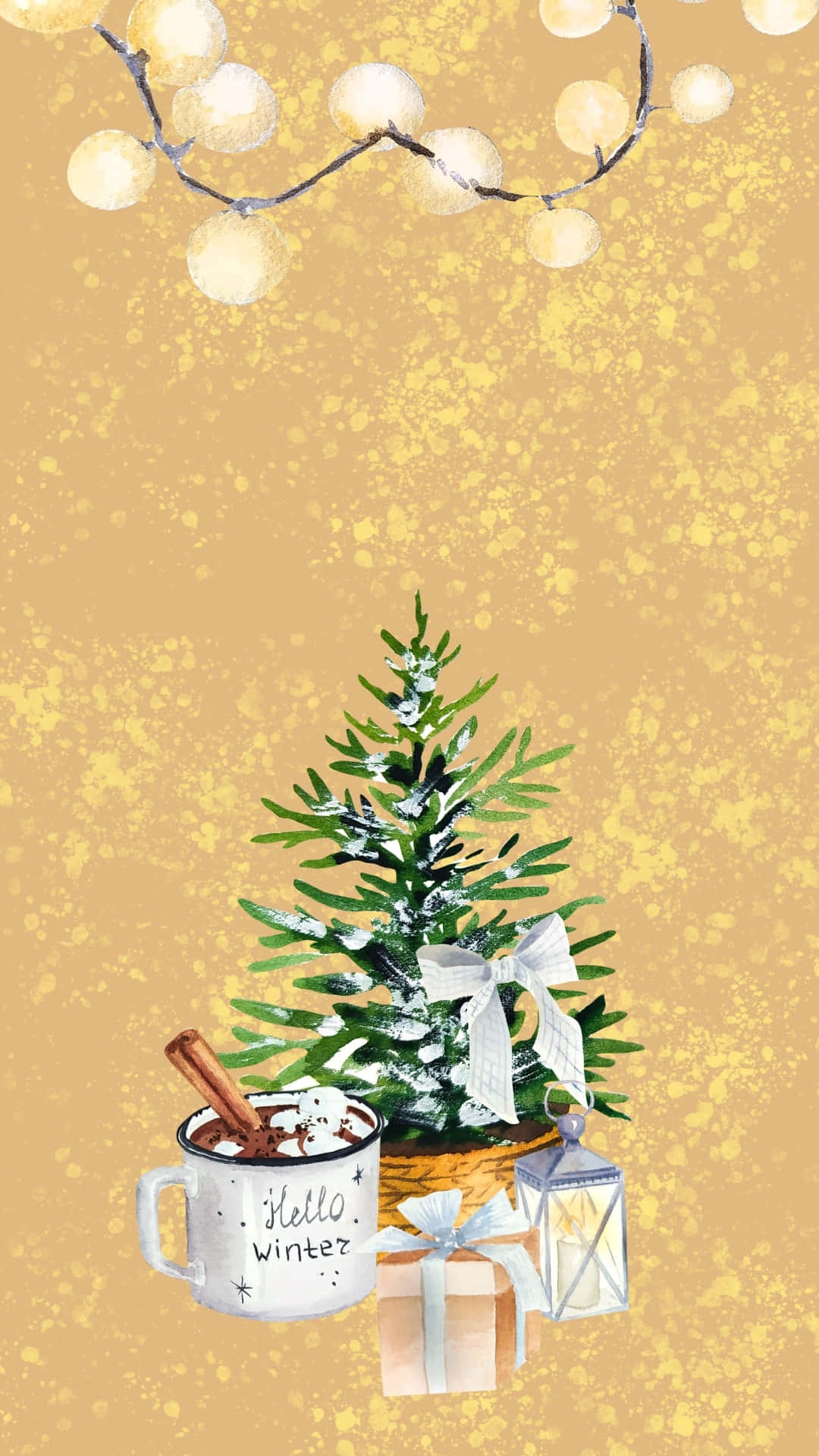 cozy winter, snow-dusted pine tree, mug of hot cocoa, Full HD Phone Wallpaper