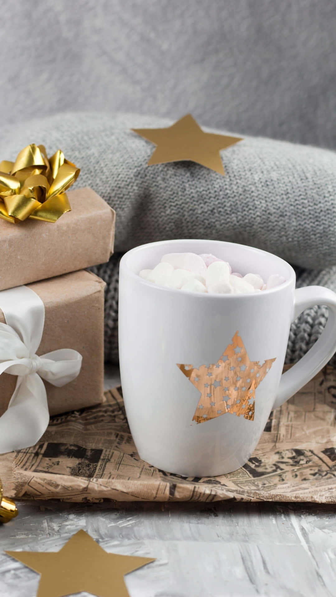 cozy winter hot chocolateand gifts, white mug, marshmallows, Full HD Phone Wallpaper