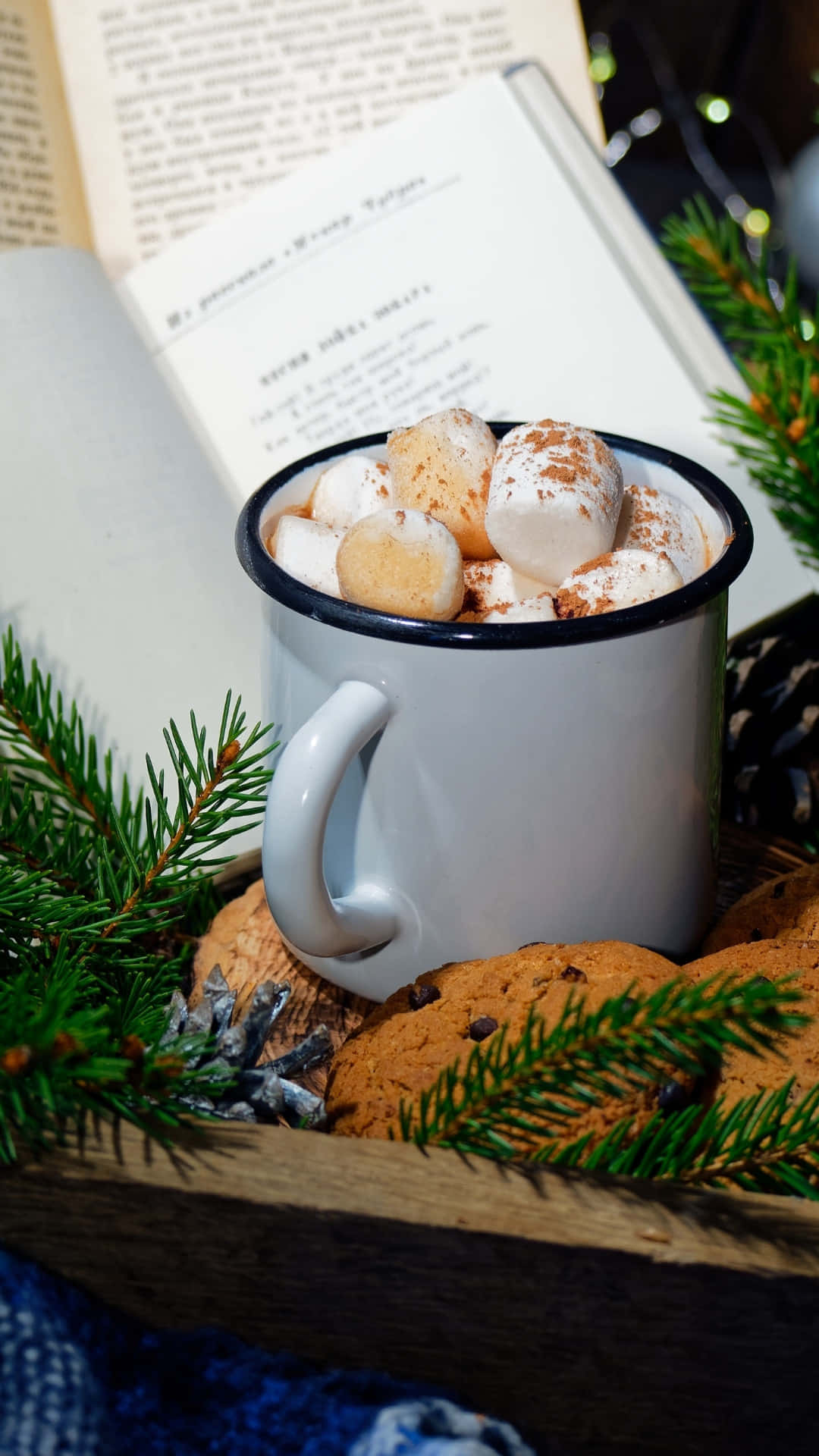 white enamel mug, hot cocoa, marshmallows, Full HD Phone Wallpaper