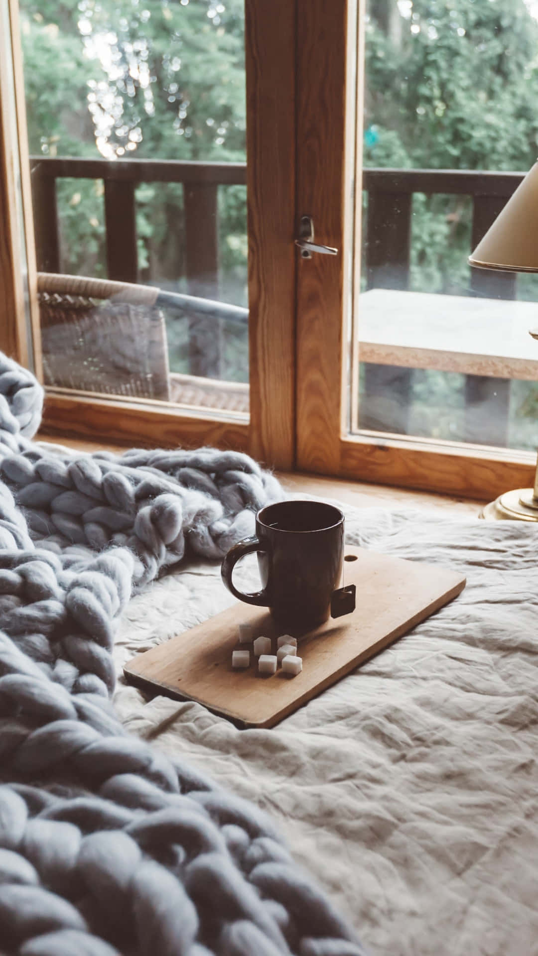 cozy winter morning scene, bedroom scene, thick gray knit blanket, Full HD Phone Wallpaper