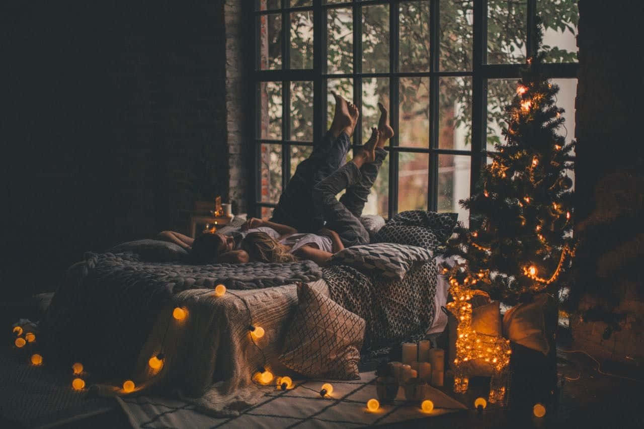 Christmas tree, warm string lights, cozy bed, HD Desktop Wallpaper