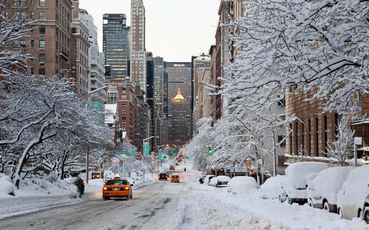 cozy winter tumblr, snow, bustling city street, HD Desktop Wallpaper