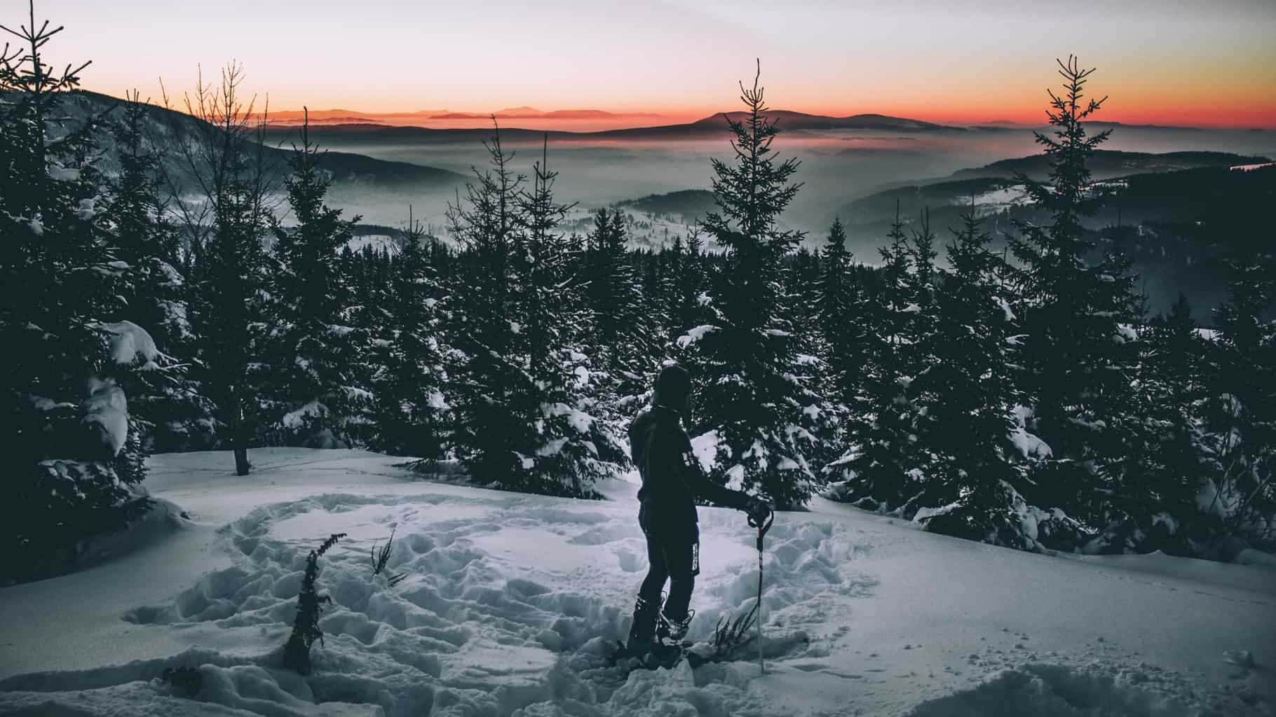 snowy mountain ridge, dawn, vibrant orange and pink sky, HD Desktop Wallpaper