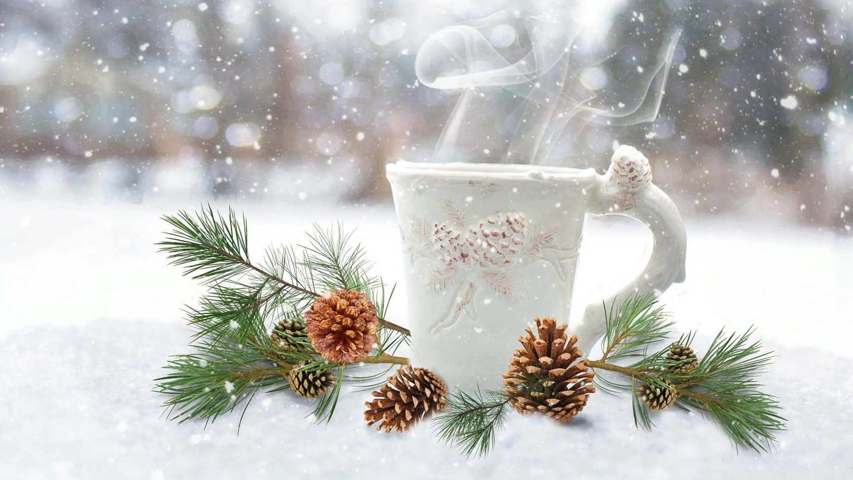 cozy winter tumblr, steaming white mug, pinecone decor, HD Desktop Wallpaper