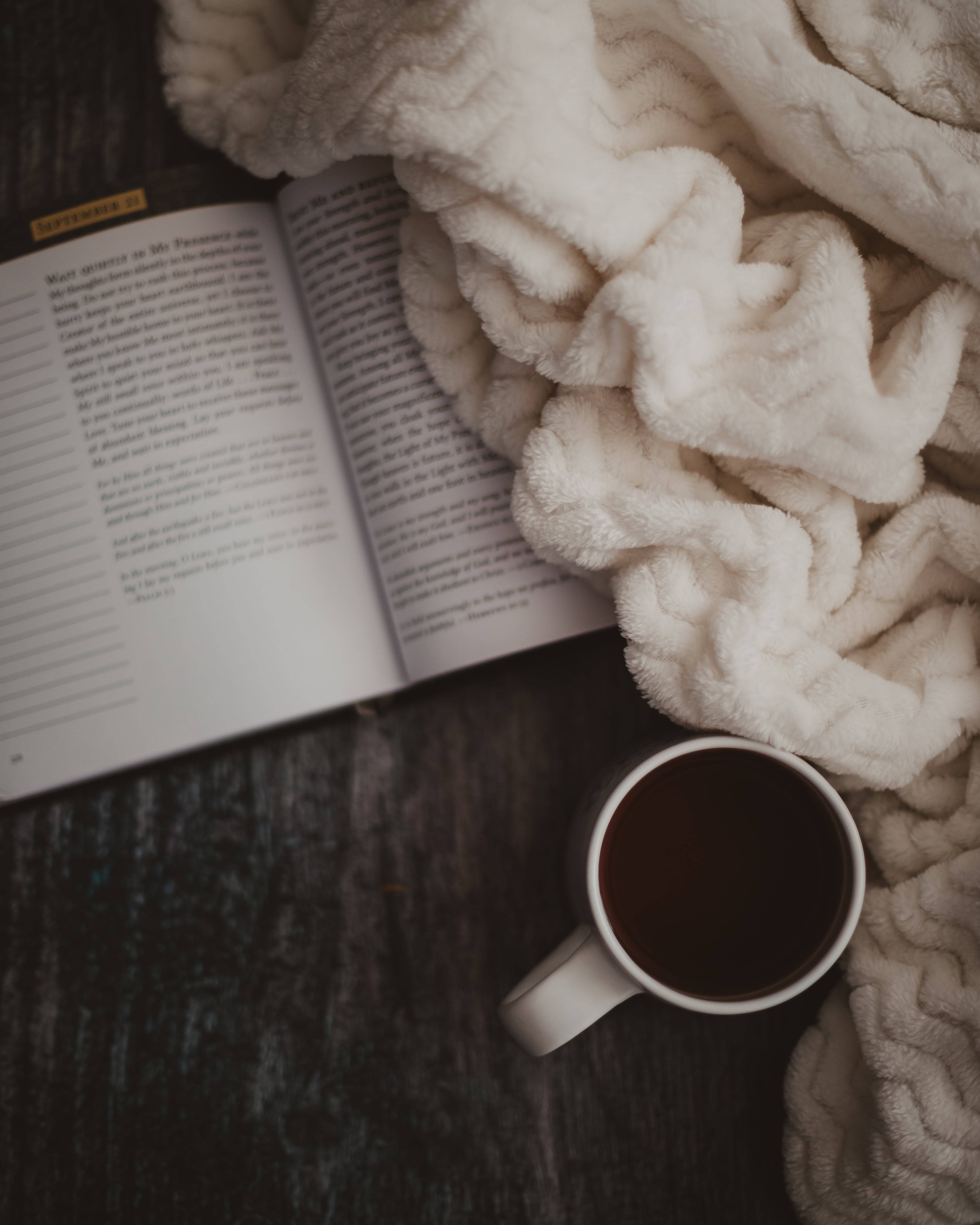 chunky blanket aesthetic, open book, steaming coffee cup, 5K Phone Wallpaper