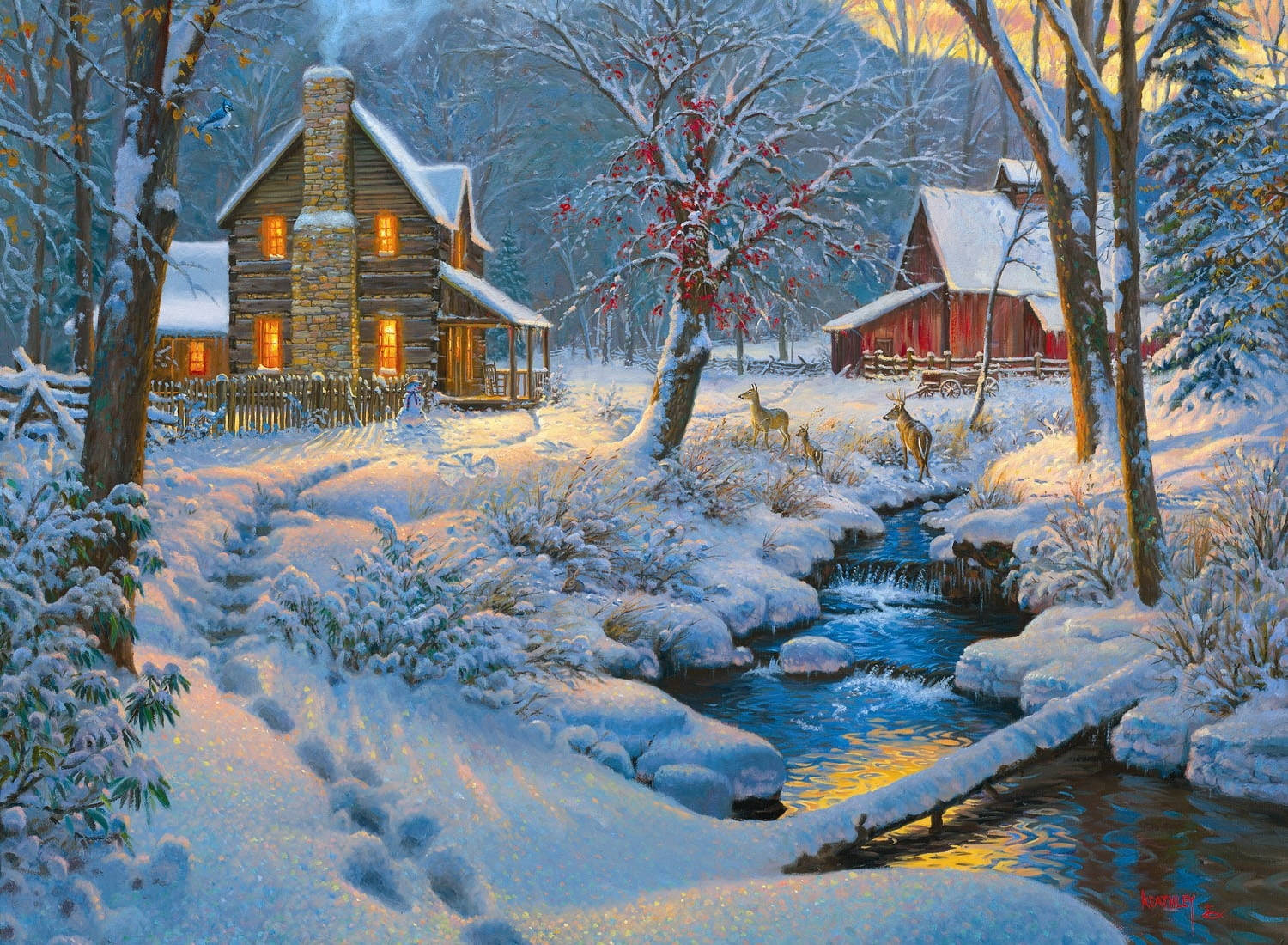 cozy winter houses, river, snow-covered cabin, HD Desktop Wallpaper