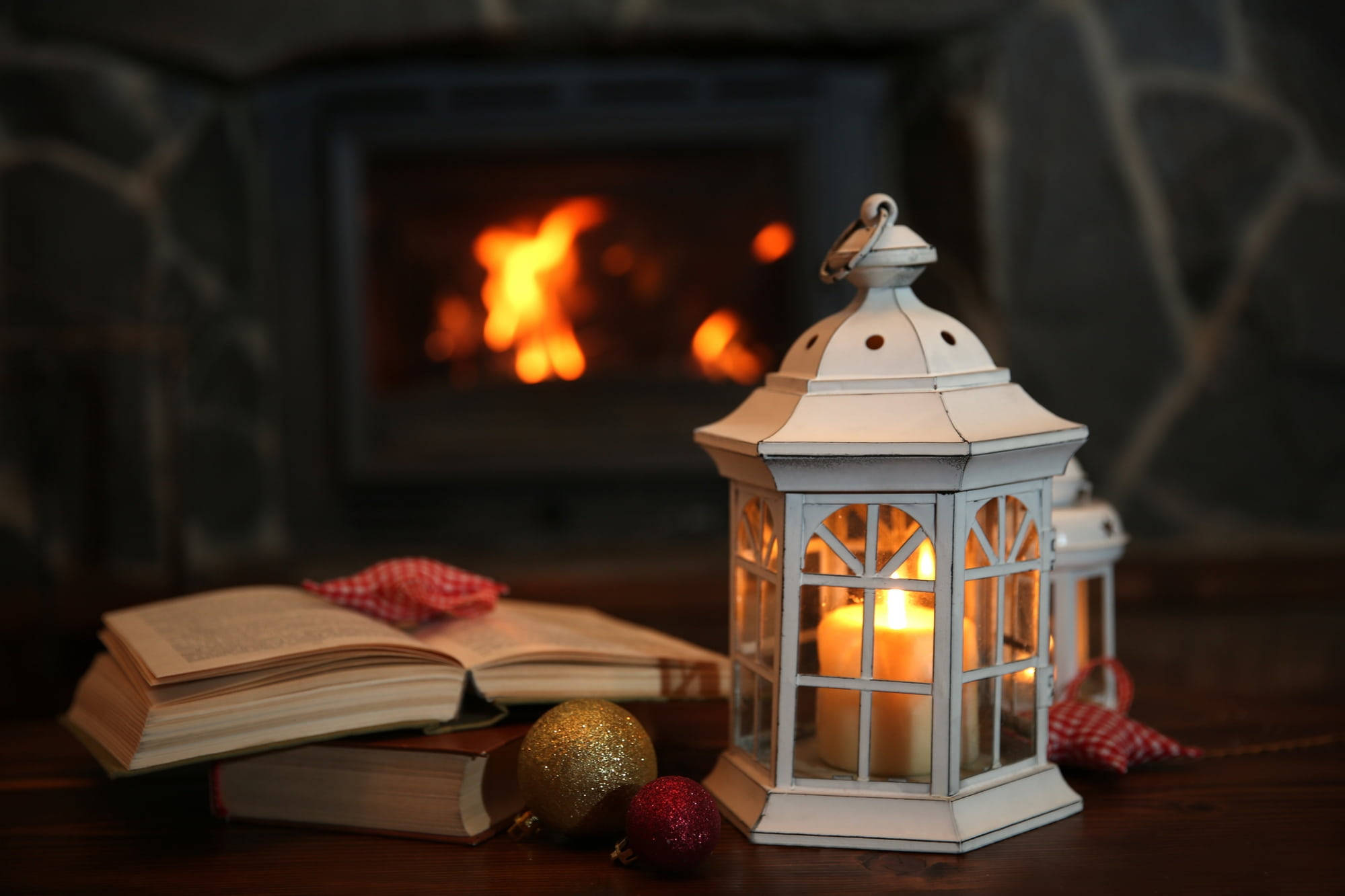 fireplace, white lantern, candle, Full HD Desktop Wallpaper