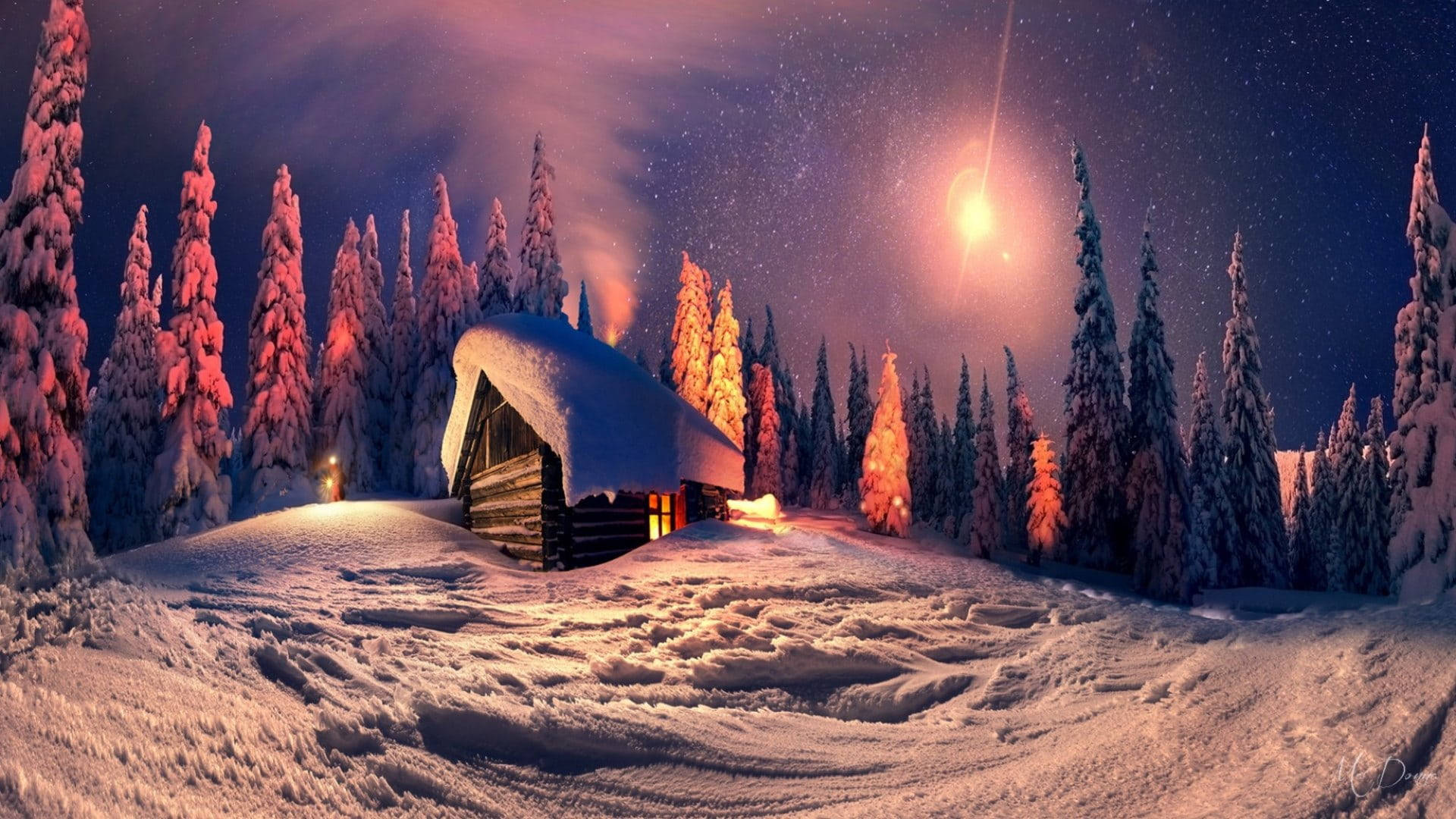 cozy winter cabin, starry winter sky, bright meteor, Full HD Desktop Wallpaper