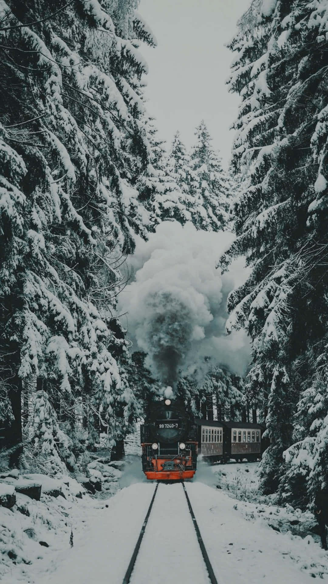 cozy winter aesthetic, smoky train, steam train, Full HD Phone Wallpaper