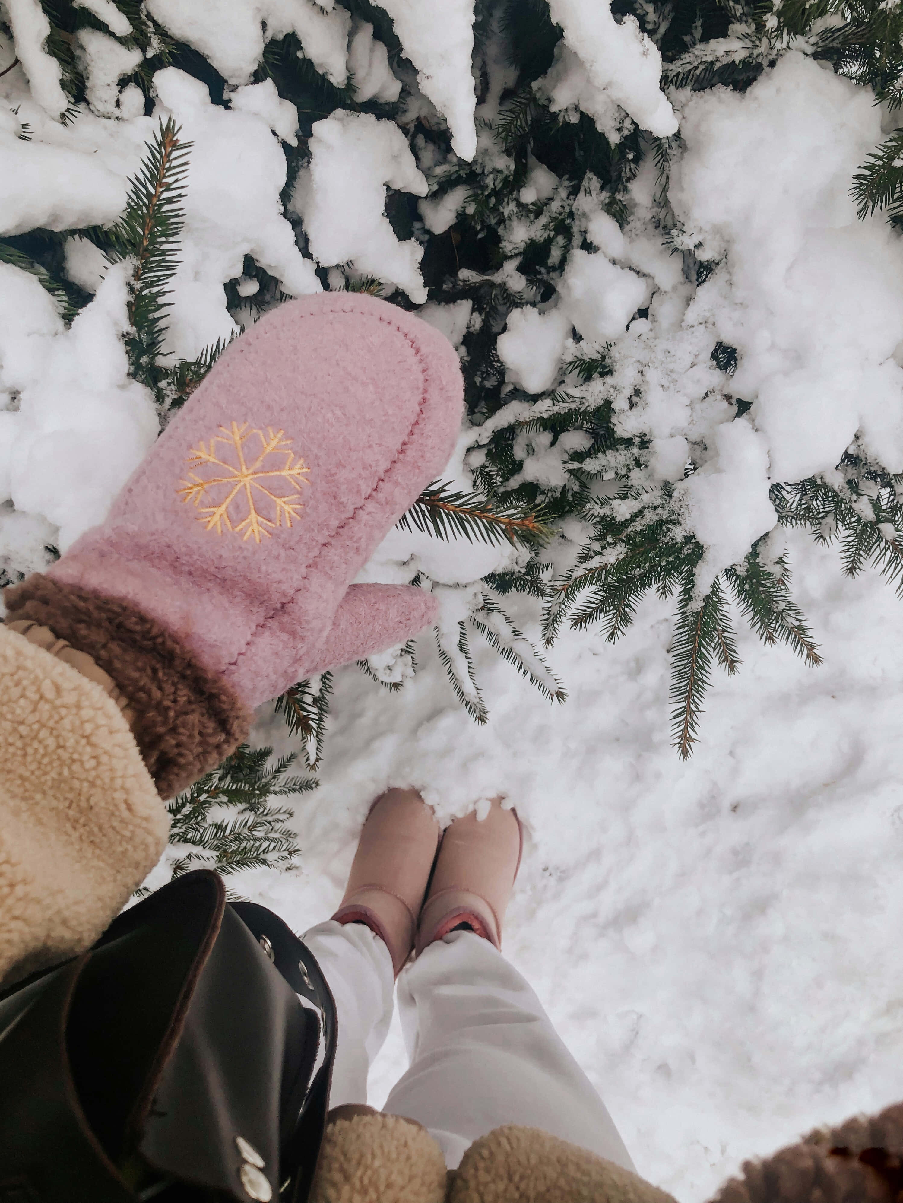 pink snowflake mitten, boots, snowy evergreen branches, 4K Phone Wallpaper