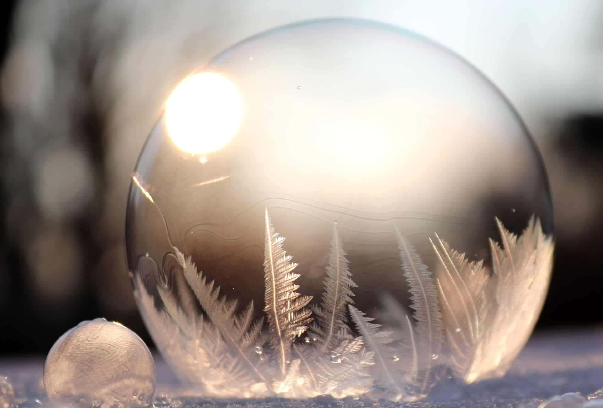 frozen glass sphere, delicate frost ferns, bright sun, Full HD Desktop Wallpaper