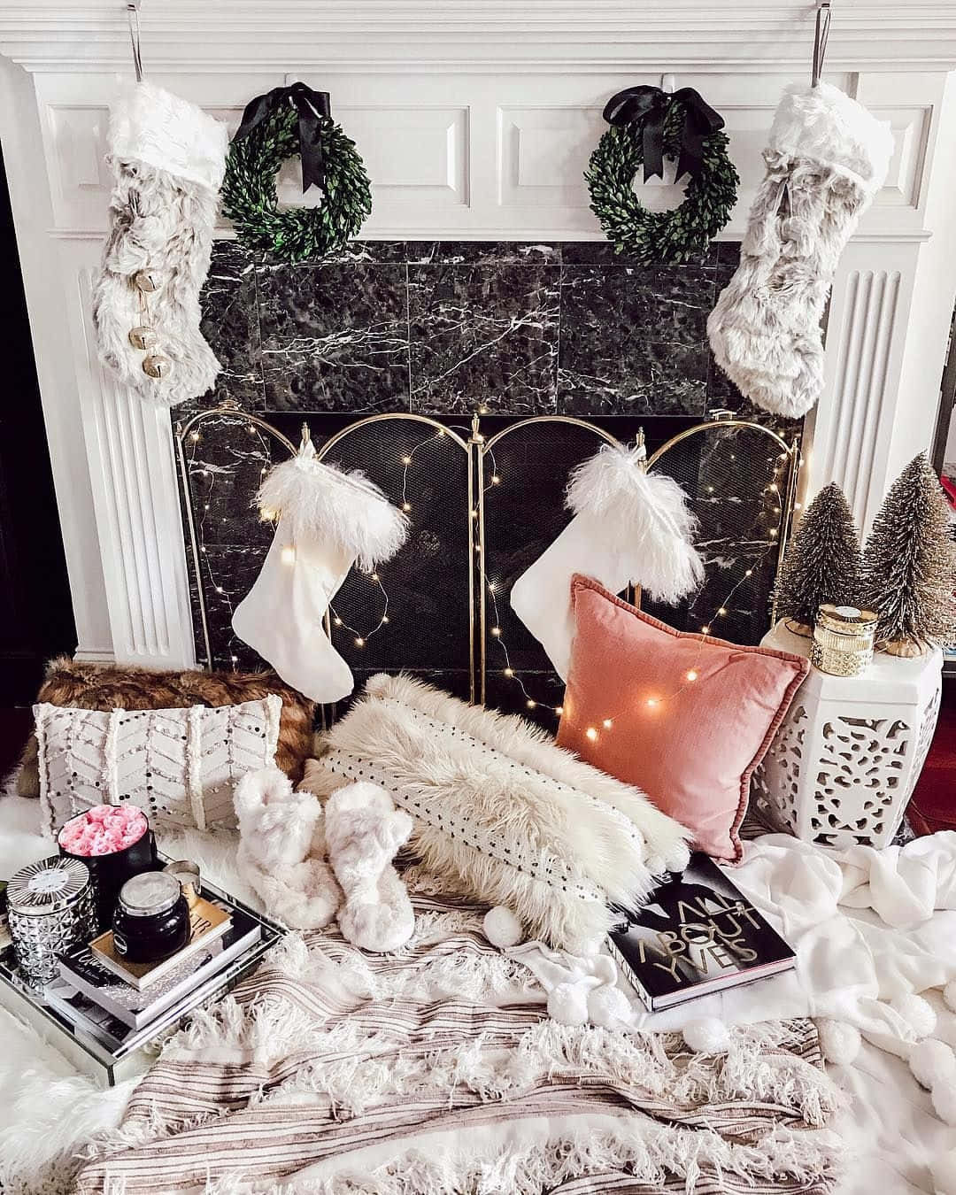 cozy winter aesthetic, fireplace mantel, fluffy white stockings, HD Phone Wallpaper