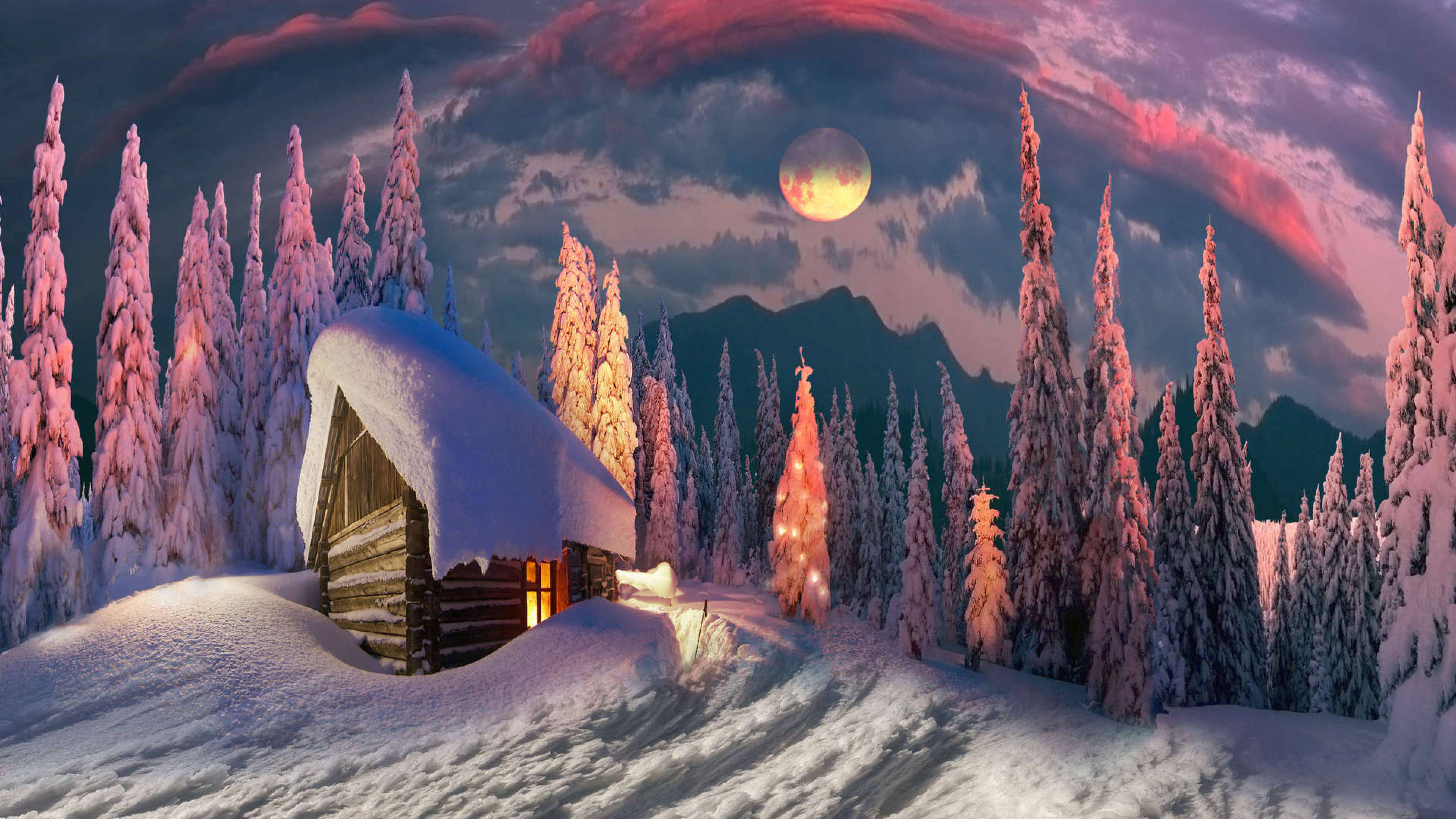 cozy winter cabin, snowy day, pink and purple twilight sky, 4K Desktop Wallpaper